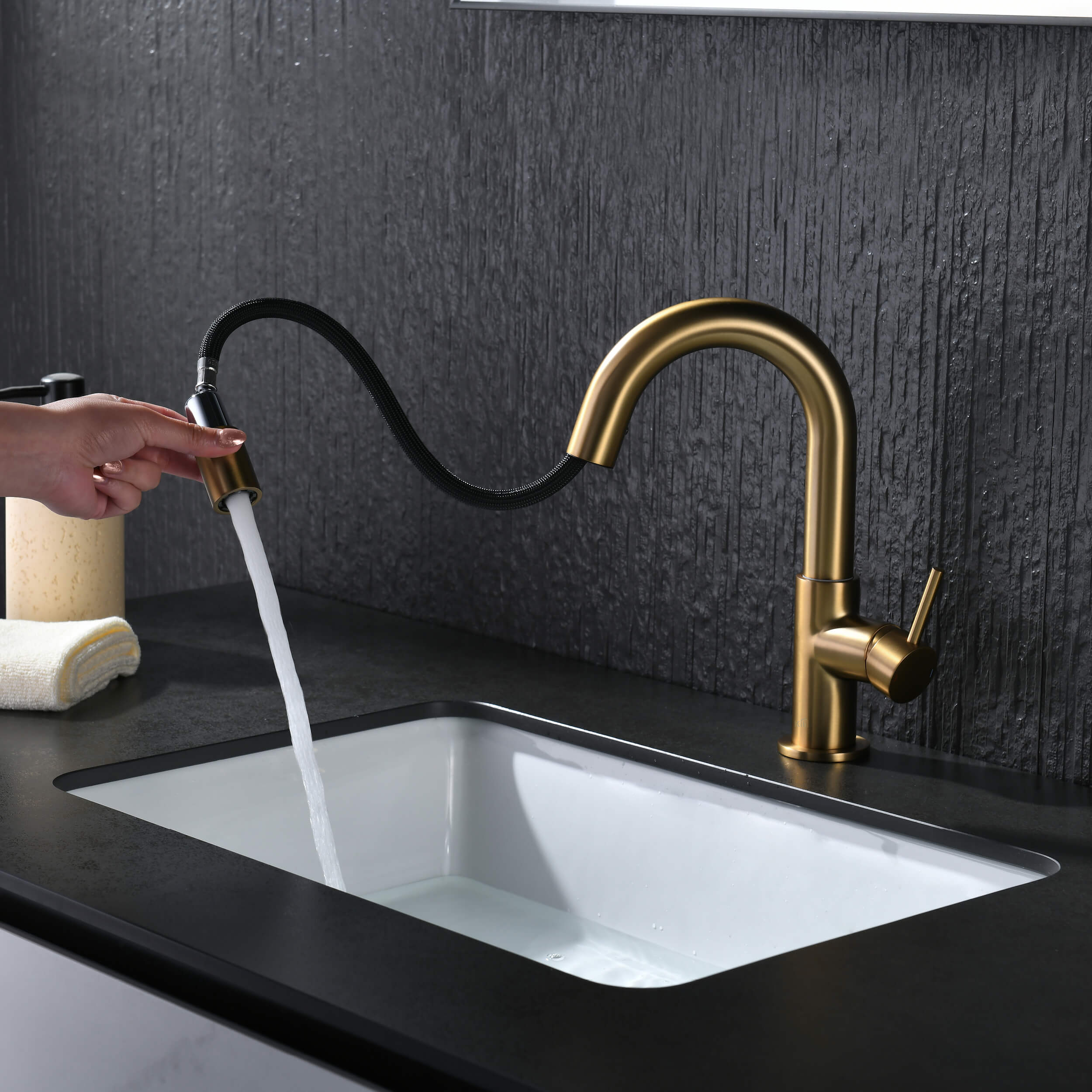 Circular Single Handle High-Arc Pull Down Sprayer Bathroom Vanity Sink Faucet - C-KBF1077