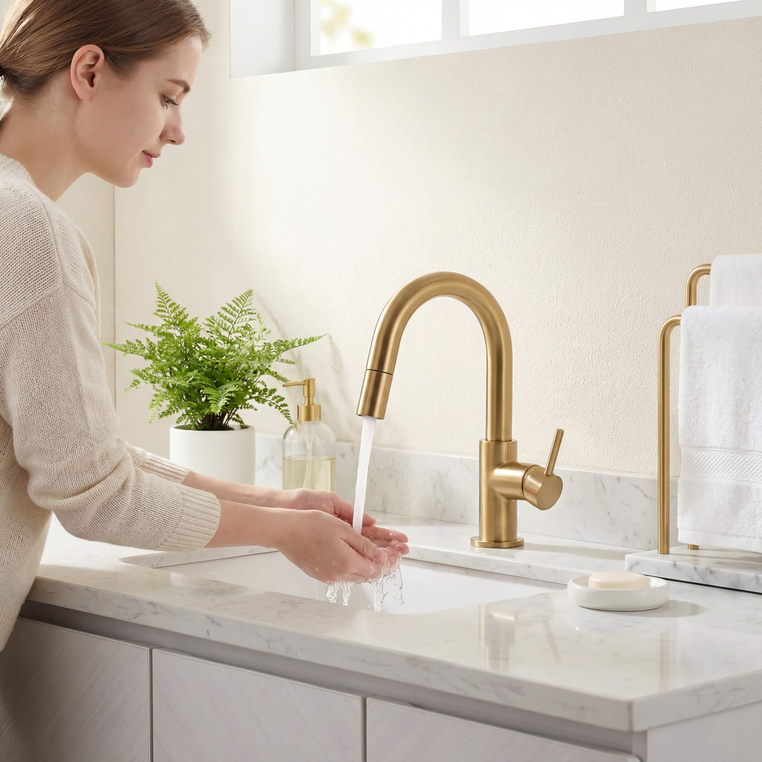 Circular Single Handle High-Arc Pull Down Sprayer Bathroom Vanity Sink Faucet - C-KBF1077