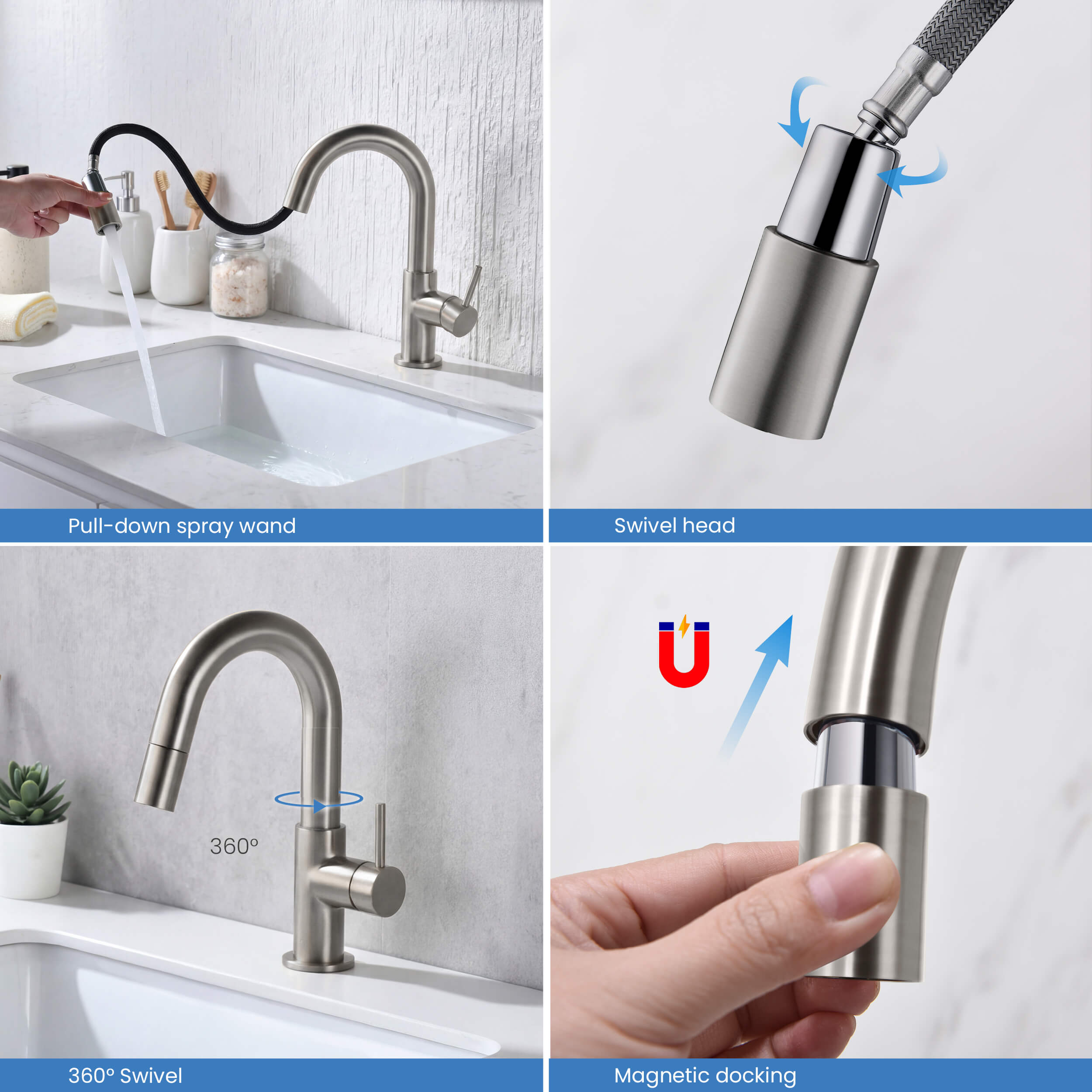 Circular Single Handle High-Arc Pull Down Sprayer Bathroom Vanity Sink Faucet - C-KBF1077