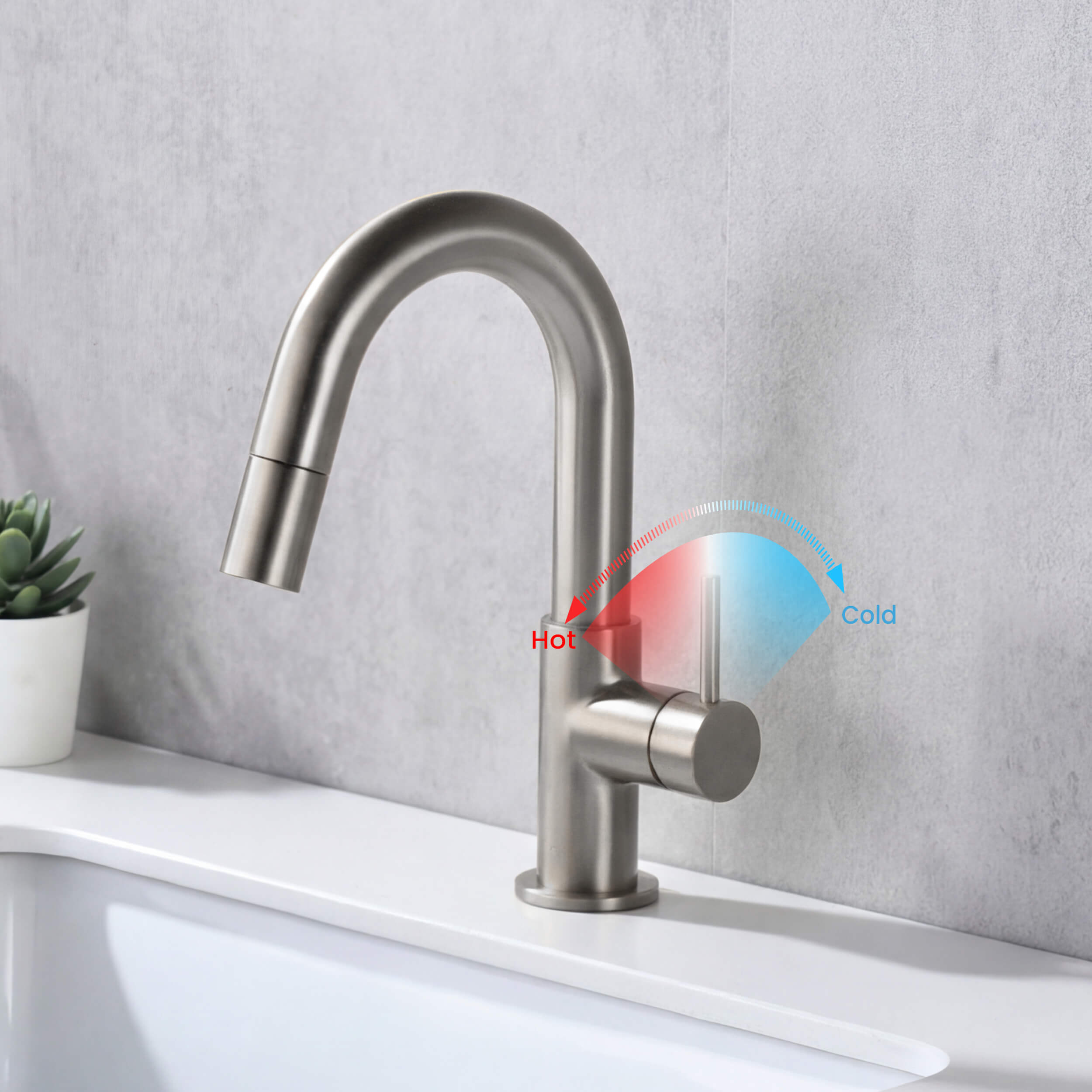 Circular Single Handle High-Arc Pull Down Sprayer Bathroom Vanity Sink Faucet - C-KBF1077