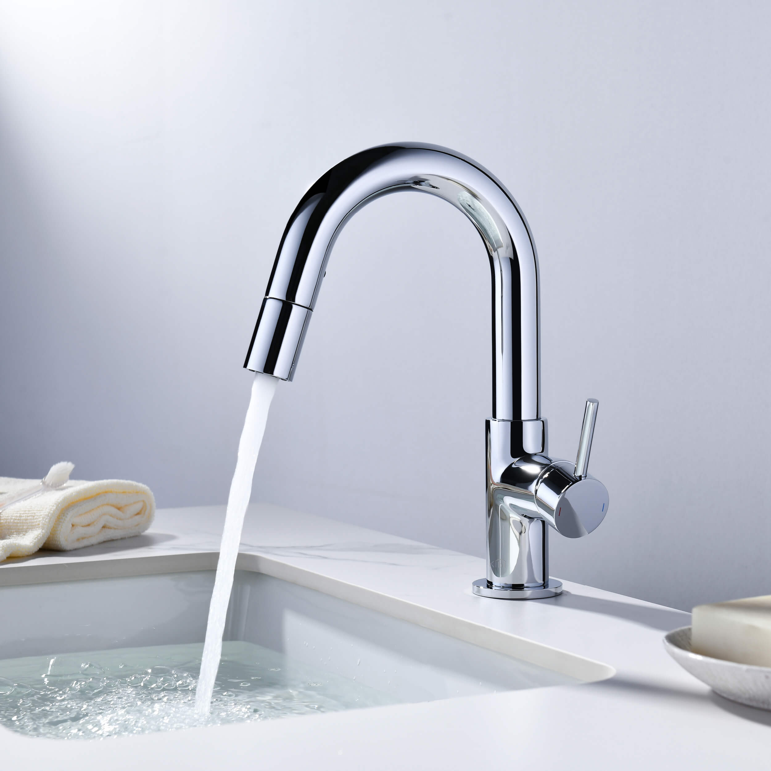 Circular Single Handle High-Arc Pull Down Sprayer Bathroom Vanity Sink Faucet - C-KBF1077