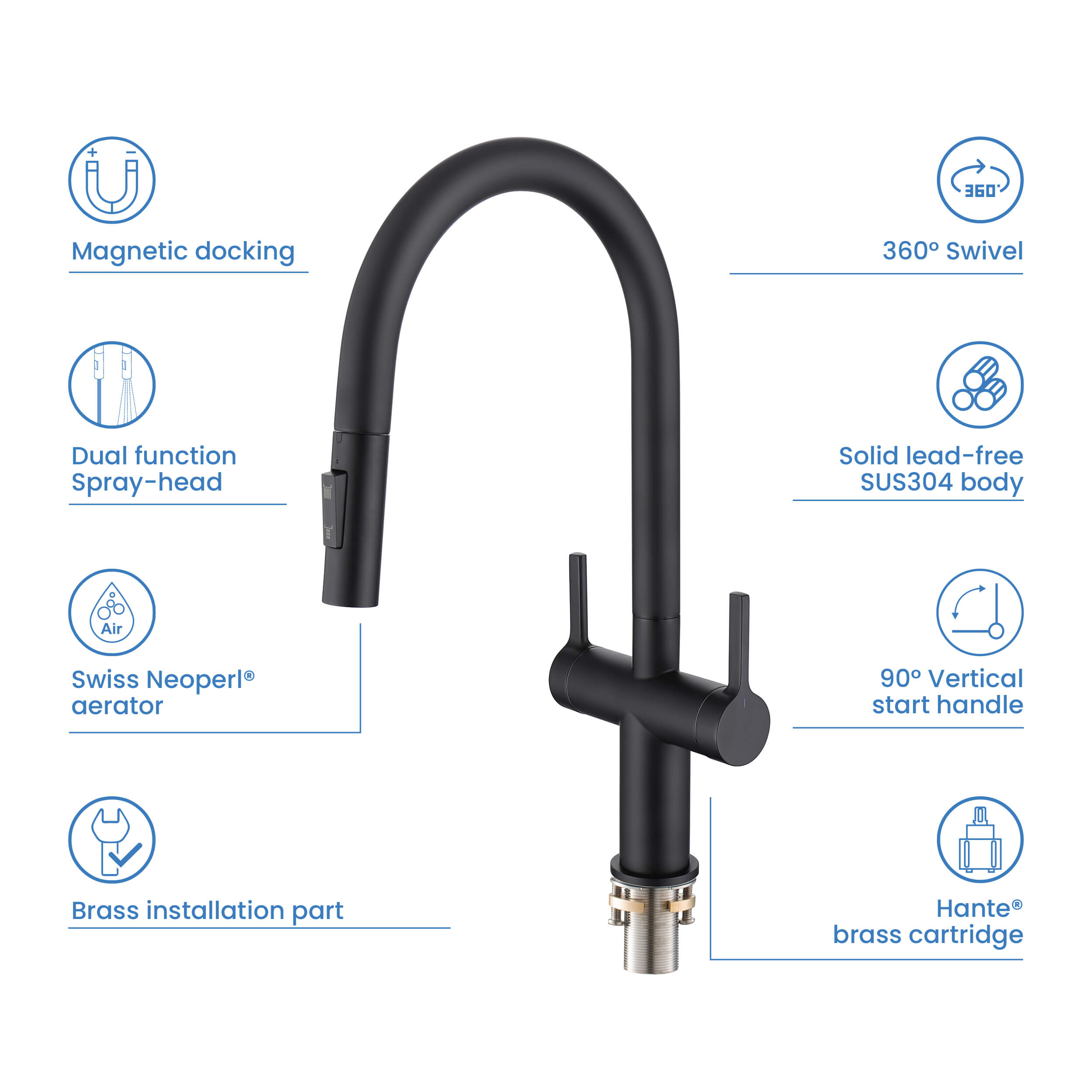 Novo Single Hole Two Handle Pull Down Kitchen Faucet - KKF2020