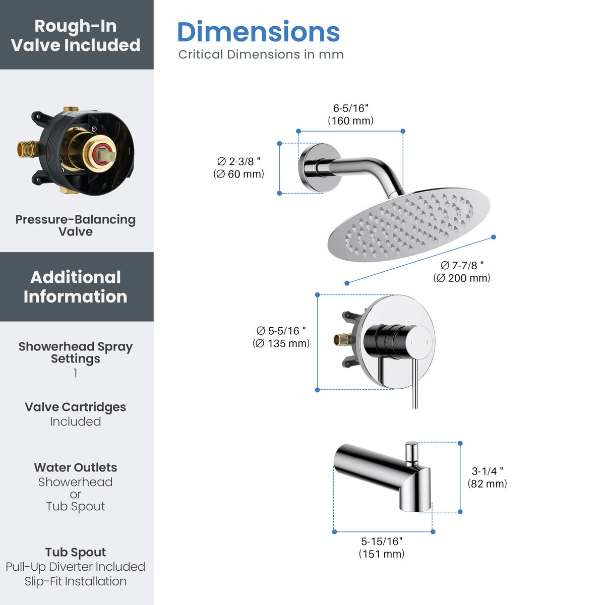 Circular Single Function Pressure Balanced Complete Shower Faucet Set with Tub Spout - KSF4016