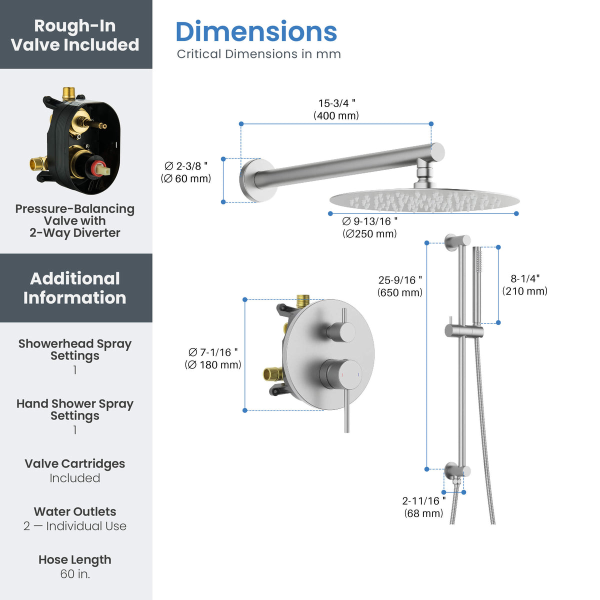 Circular 2-Function Pressure Balanced Complete Shower Faucet Set with Slide Bar - KSF4019