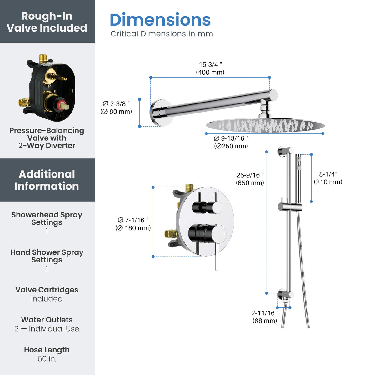 Circular 2-Function Pressure Balanced Complete Shower Faucet Set with Slide Bar - KSF4019