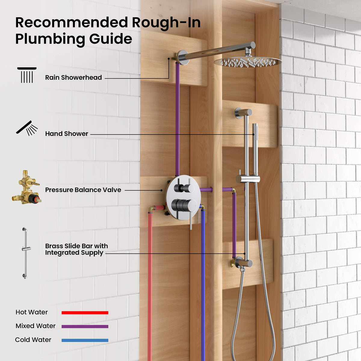 Circular 2-Function Pressure Balanced Complete Shower Faucet Set with Slide Bar - KSF4019