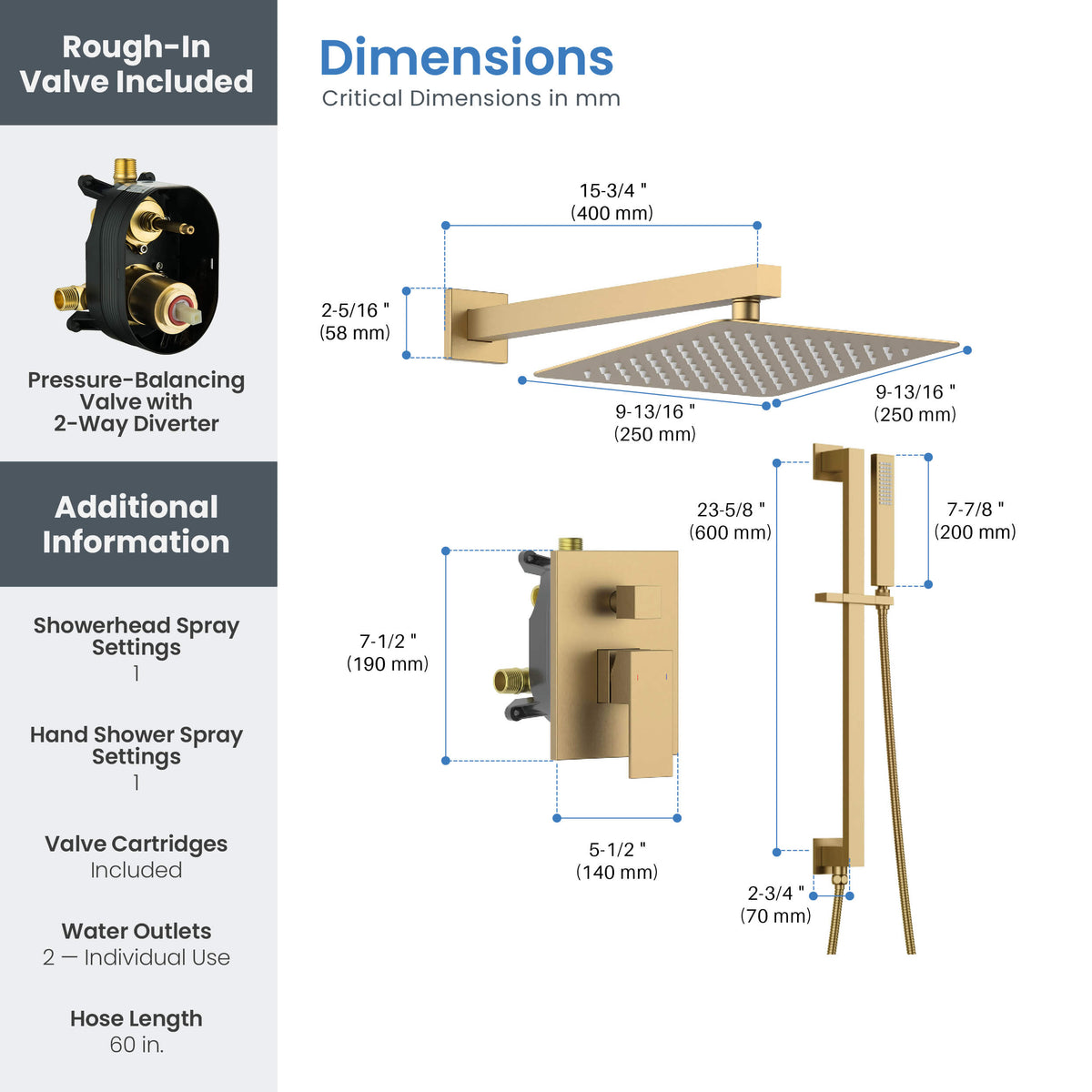 Cube 2-Function Pressure Balanced Complete Shower Faucet Set with Slide Bar - KSF4020
