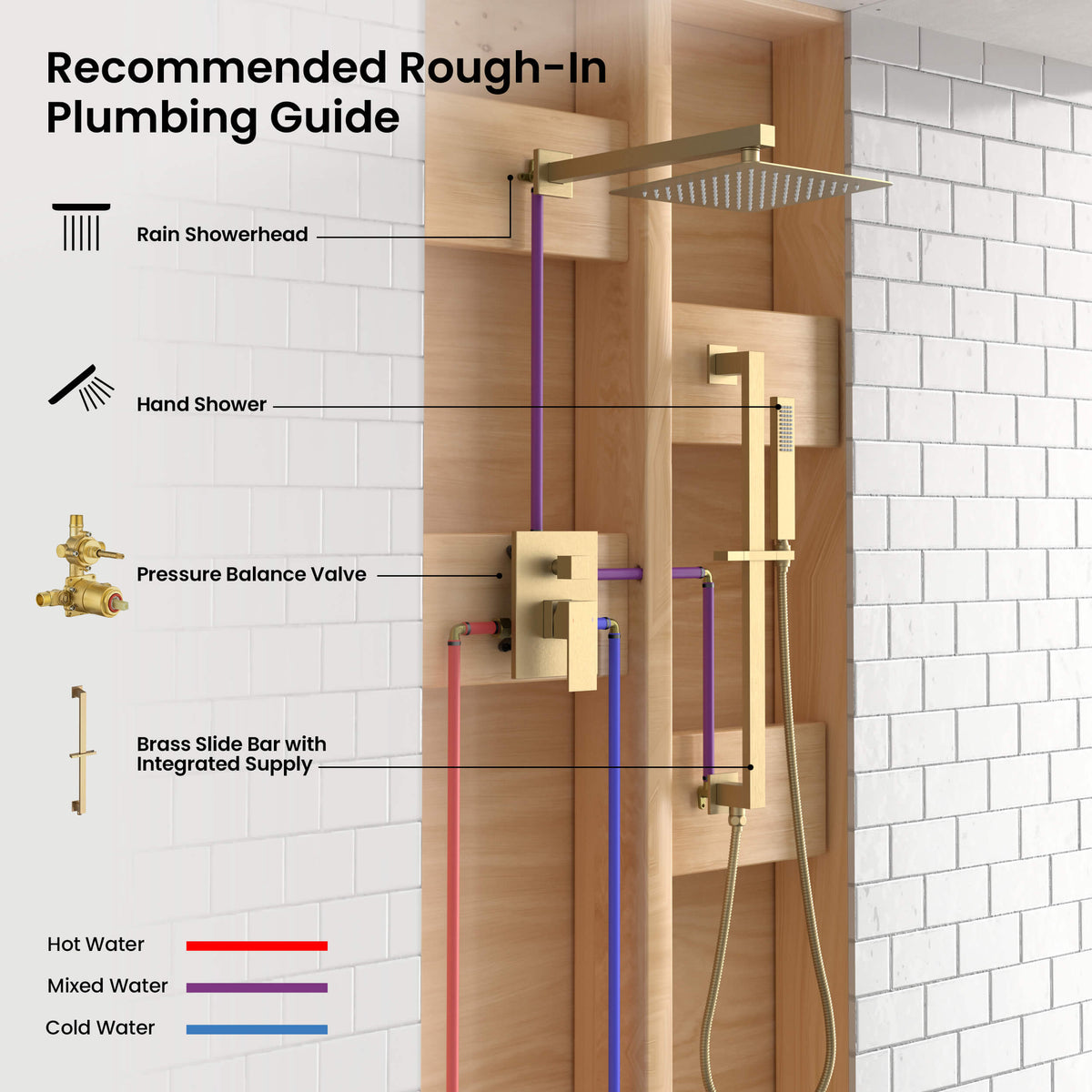 Cube 2-Function Pressure Balanced Complete Shower Faucet Set with Slide Bar - KSF4020