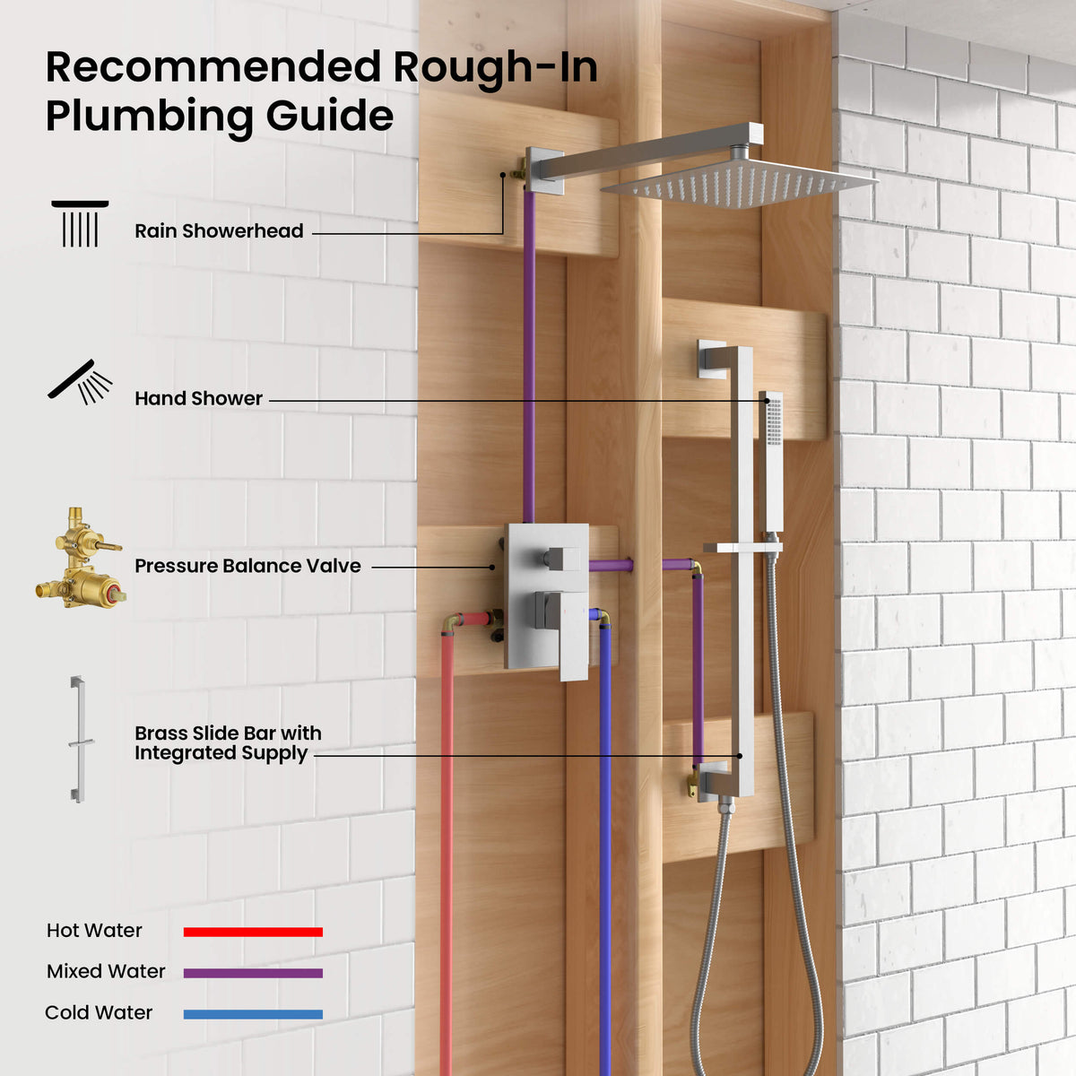 Cube 2-Function Pressure Balanced Complete Shower Faucet Set with Slide Bar - KSF4020