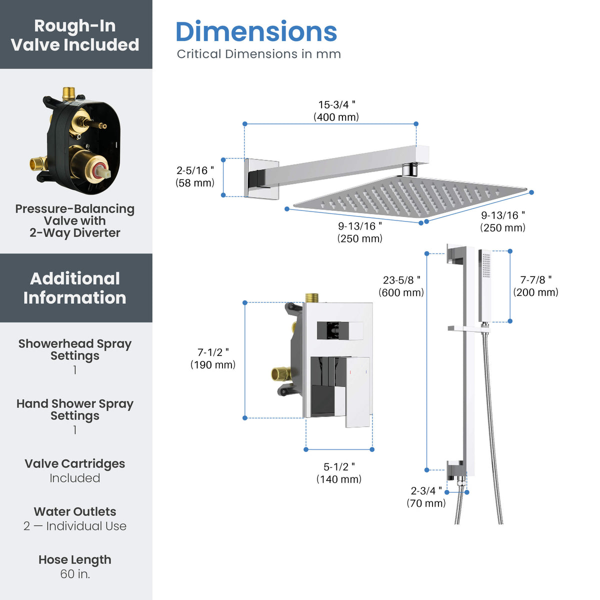 Cube 2-Function Pressure Balanced Complete Shower Faucet Set with Slide Bar - KSF4020