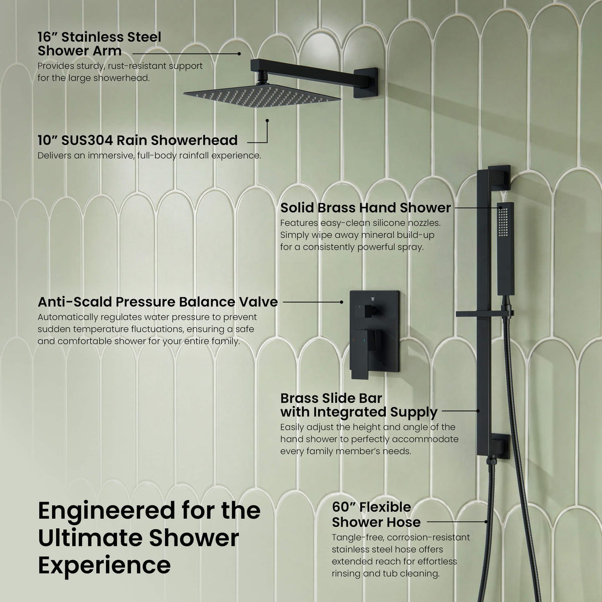 Cube 2-Function Pressure Balanced Complete Shower Faucet Set with Slide Bar - KSF4020