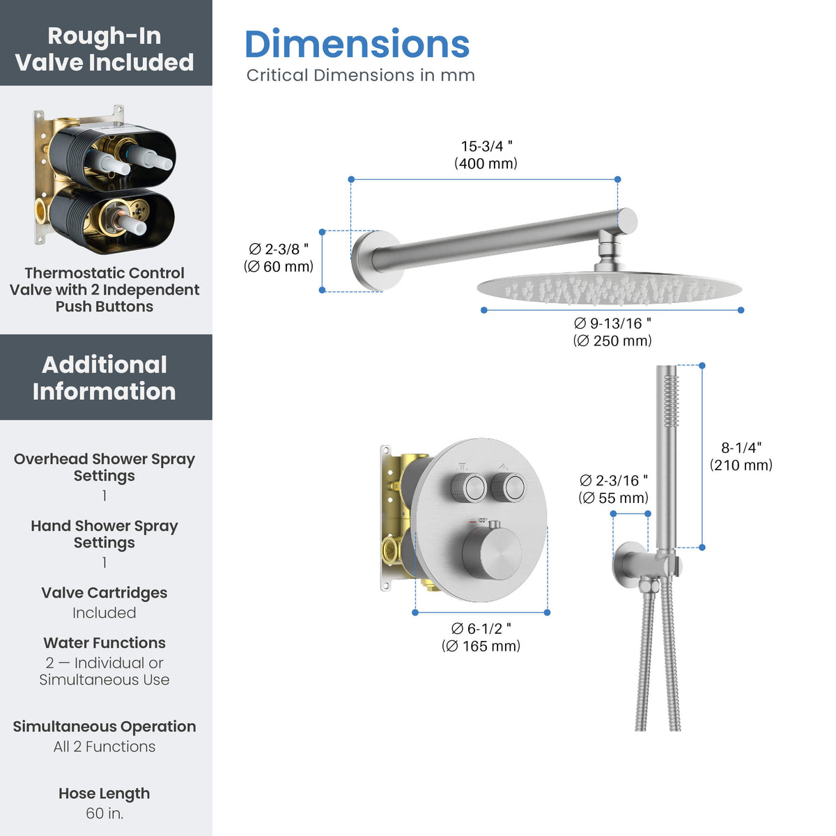 Circular 2-Function Thermostatic Complete Shower Faucet Set - KSF4023