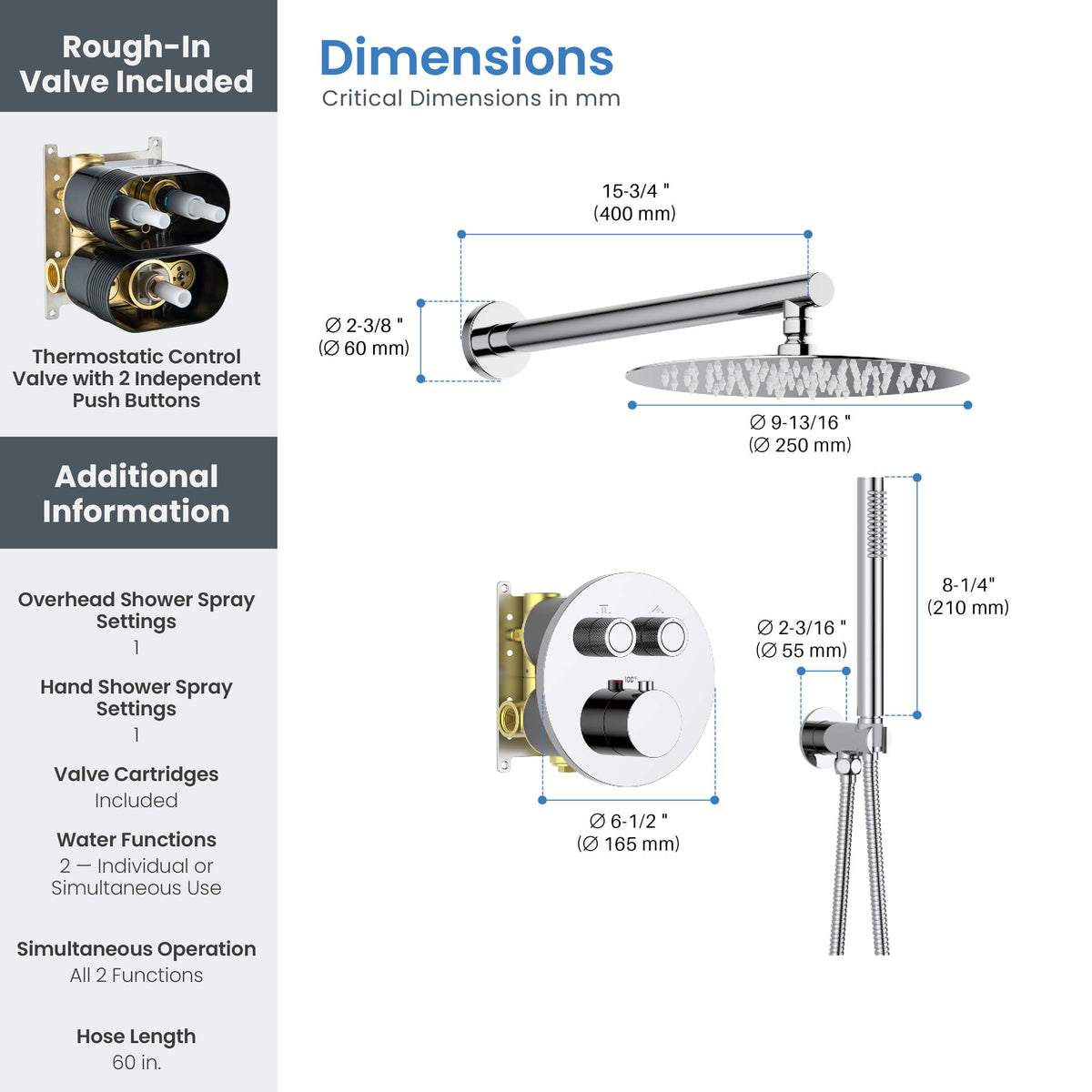 Circular 2-Function Thermostatic Complete Shower Faucet Set - KSF4023