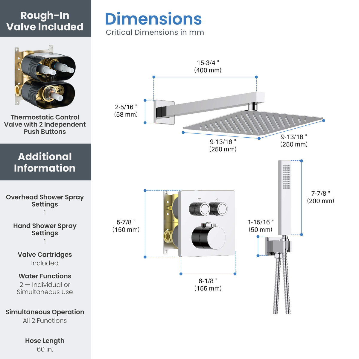 Cube 2-Function Thermostatic Complete Shower Faucet Set - KSF4024