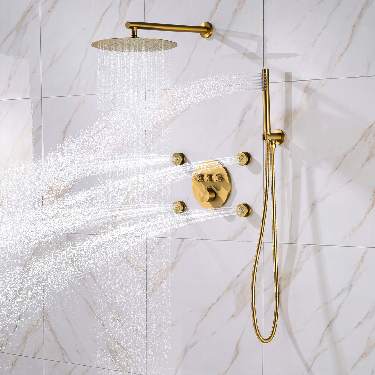 Circular 3-Function Thermostatic Complete Shower Faucet Set with Wall-Mount Rainshower, Handheld Shower, and Body Jets - KSF4025