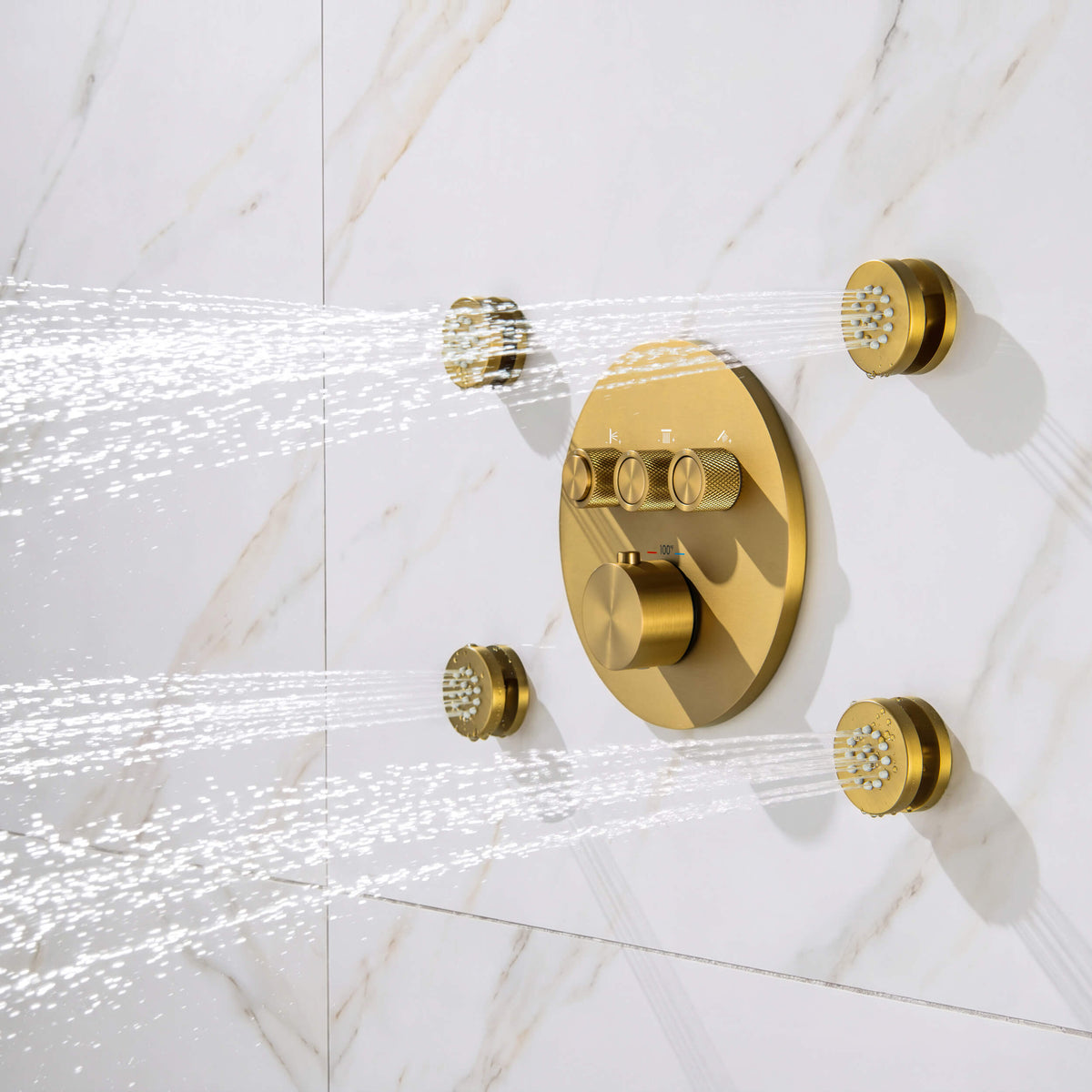 Circular 3-Function Thermostatic Complete Shower Faucet Set with Wall-Mount Rainshower, Handheld Shower, and Body Jets - KSF4025