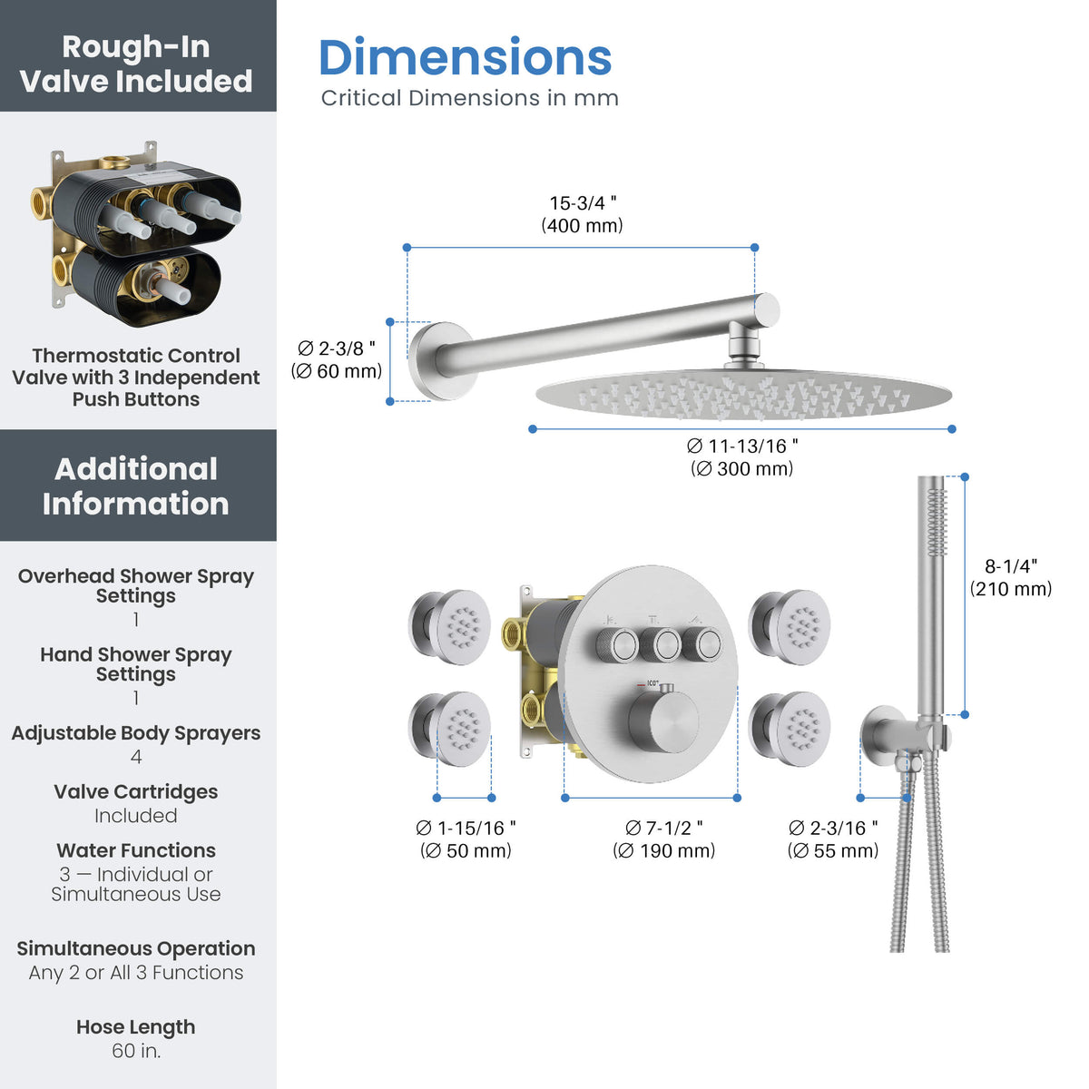 Circular 3-Function Thermostatic Complete Shower Faucet Set with Wall-Mount Rainshower, Handheld Shower, and Body Jets - KSF4025