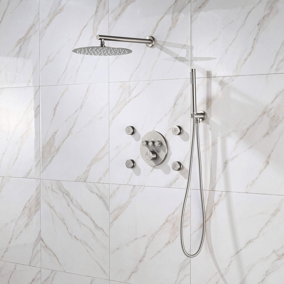 Circular 3-Function Thermostatic Complete Shower Faucet Set with Wall-Mount Rainshower, Handheld Shower, and Body Jets - KSF4025