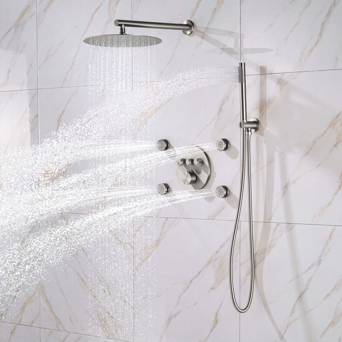 Circular 3-Function Thermostatic Complete Shower Faucet Set with Wall-Mount Rainshower, Handheld Shower, and Body Jets - KSF4025