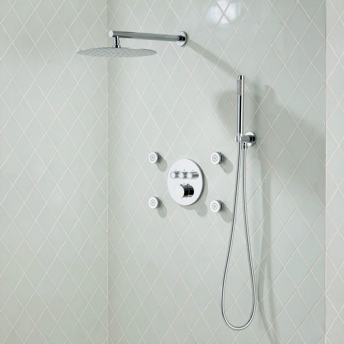 Circular 3-Function Thermostatic Complete Shower Faucet Set with Wall-Mount Rainshower, Handheld Shower, and Body Jets - KSF4025