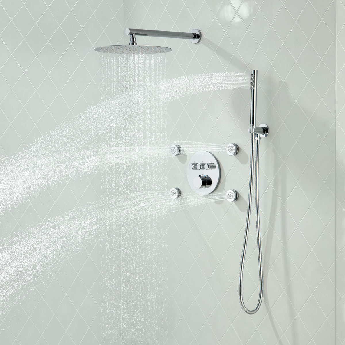 Circular 3-Function Thermostatic Complete Shower Faucet Set with Wall-Mount Rainshower, Handheld Shower, and Body Jets - KSF4025