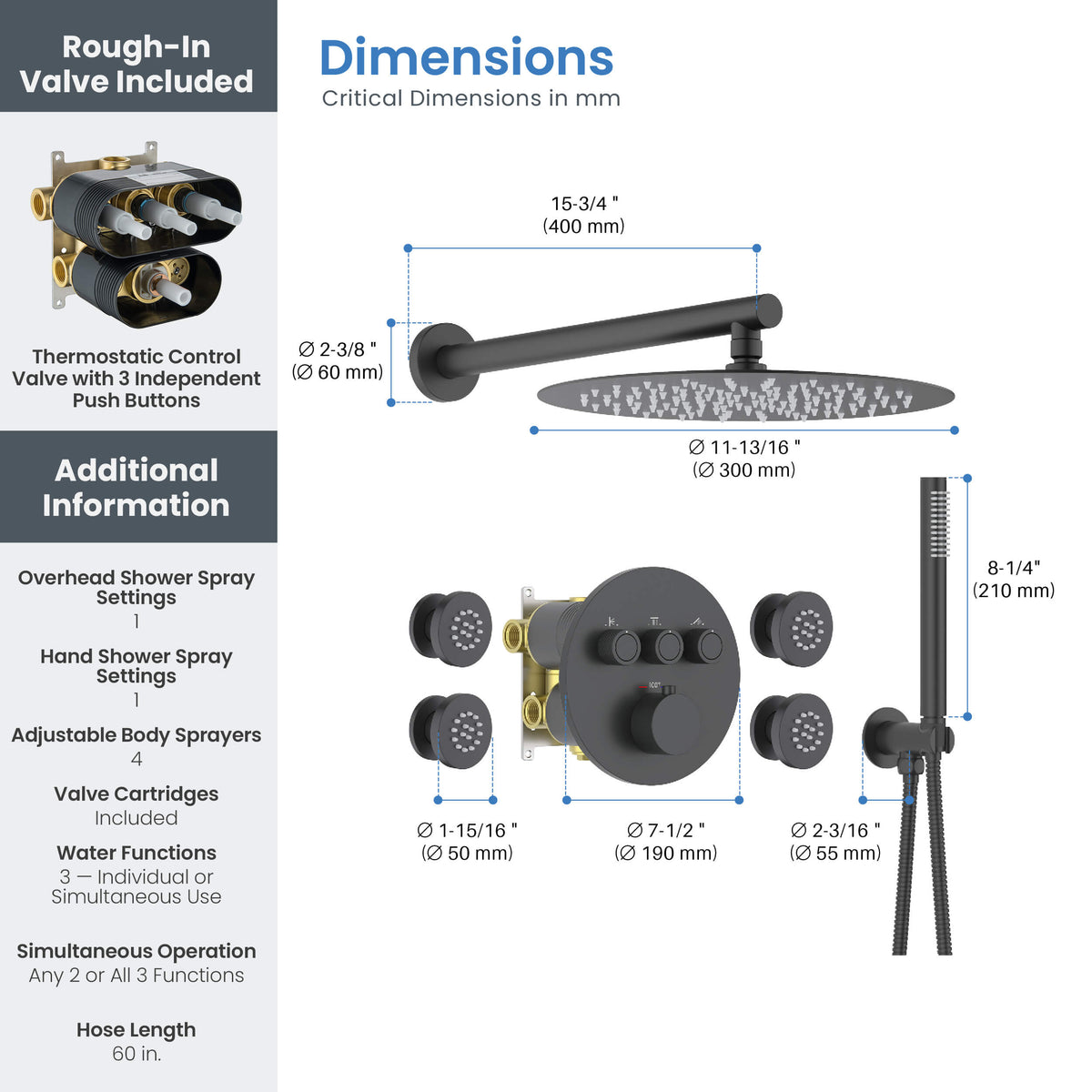 Circular 3-Function Thermostatic Complete Shower Faucet Set with Wall-Mount Rainshower, Handheld Shower, and Body Jets - KSF4025