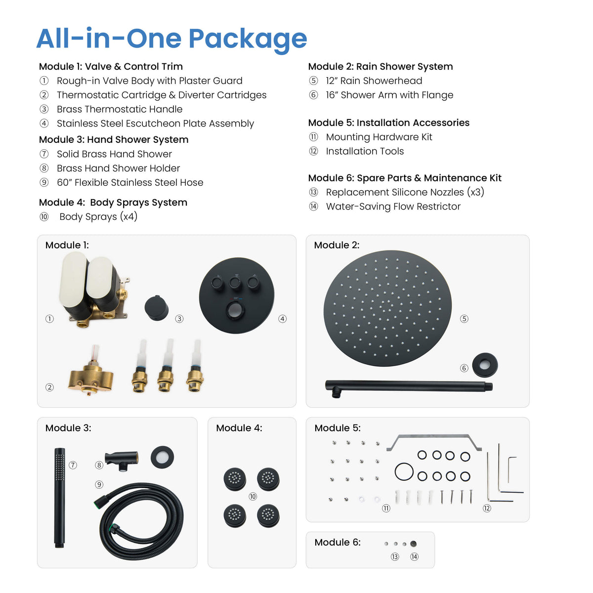 Circular 3-Function Thermostatic Complete Shower Faucet Set with Wall-Mount Rainshower, Handheld Shower, and Body Jets - KSF4025