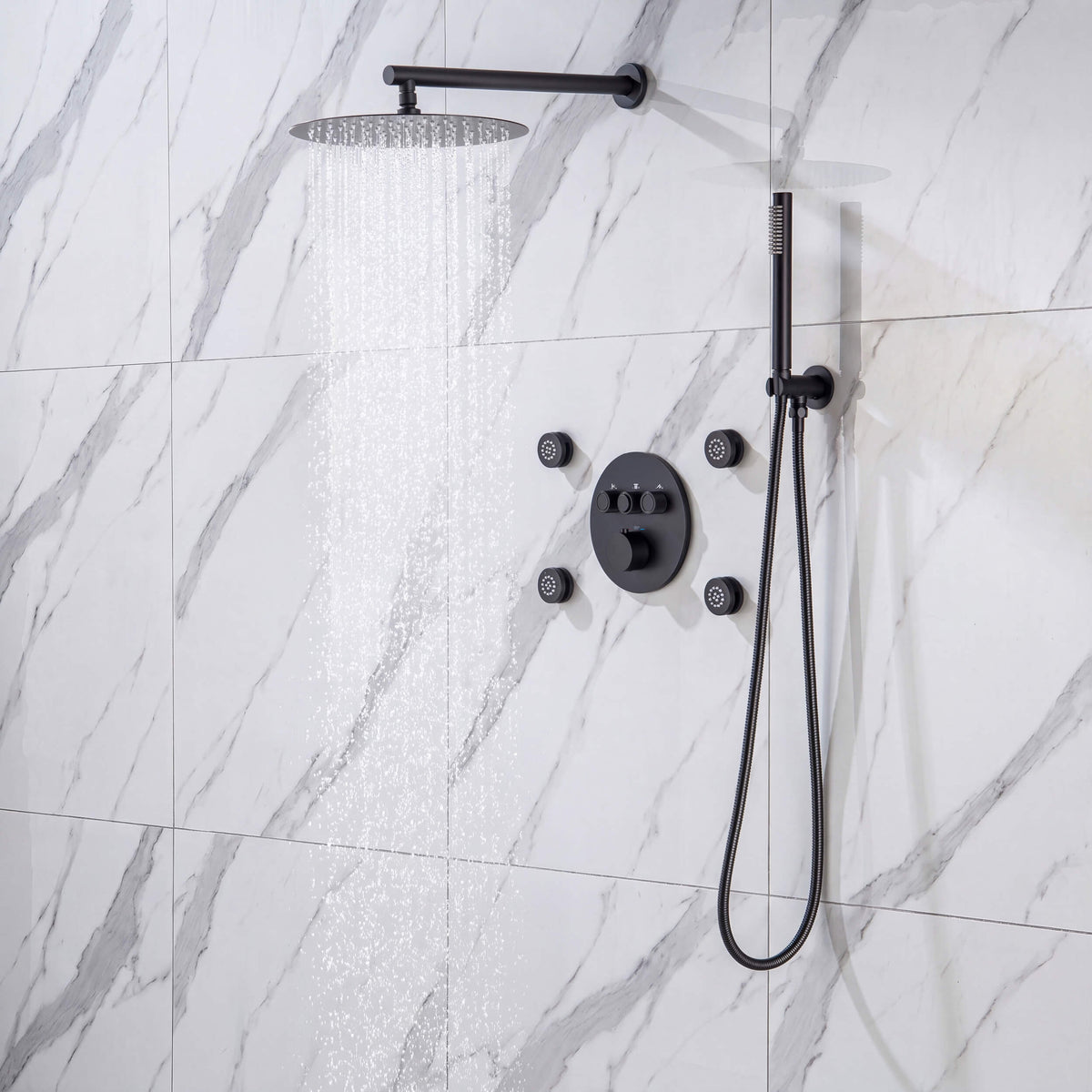 Circular 3-Function Thermostatic Complete Shower Faucet Set with Wall-Mount Rainshower, Handheld Shower, and Body Jets - KSF4025