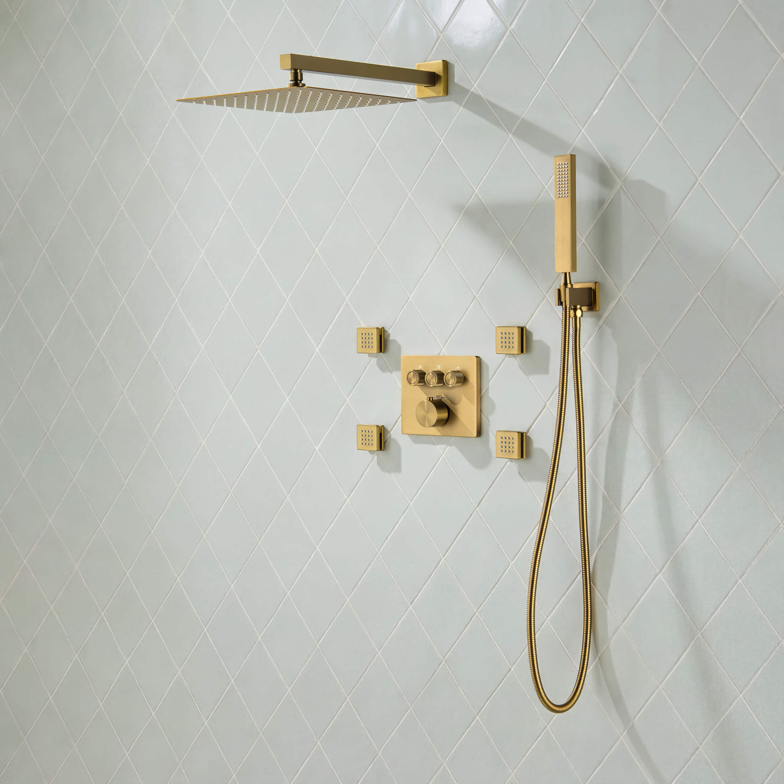Cube 3-Function Thermostatic Complete Shower Faucet Set with Wall-Mount Rainshower, Handheld Shower, and Body Jets - KSF4026
