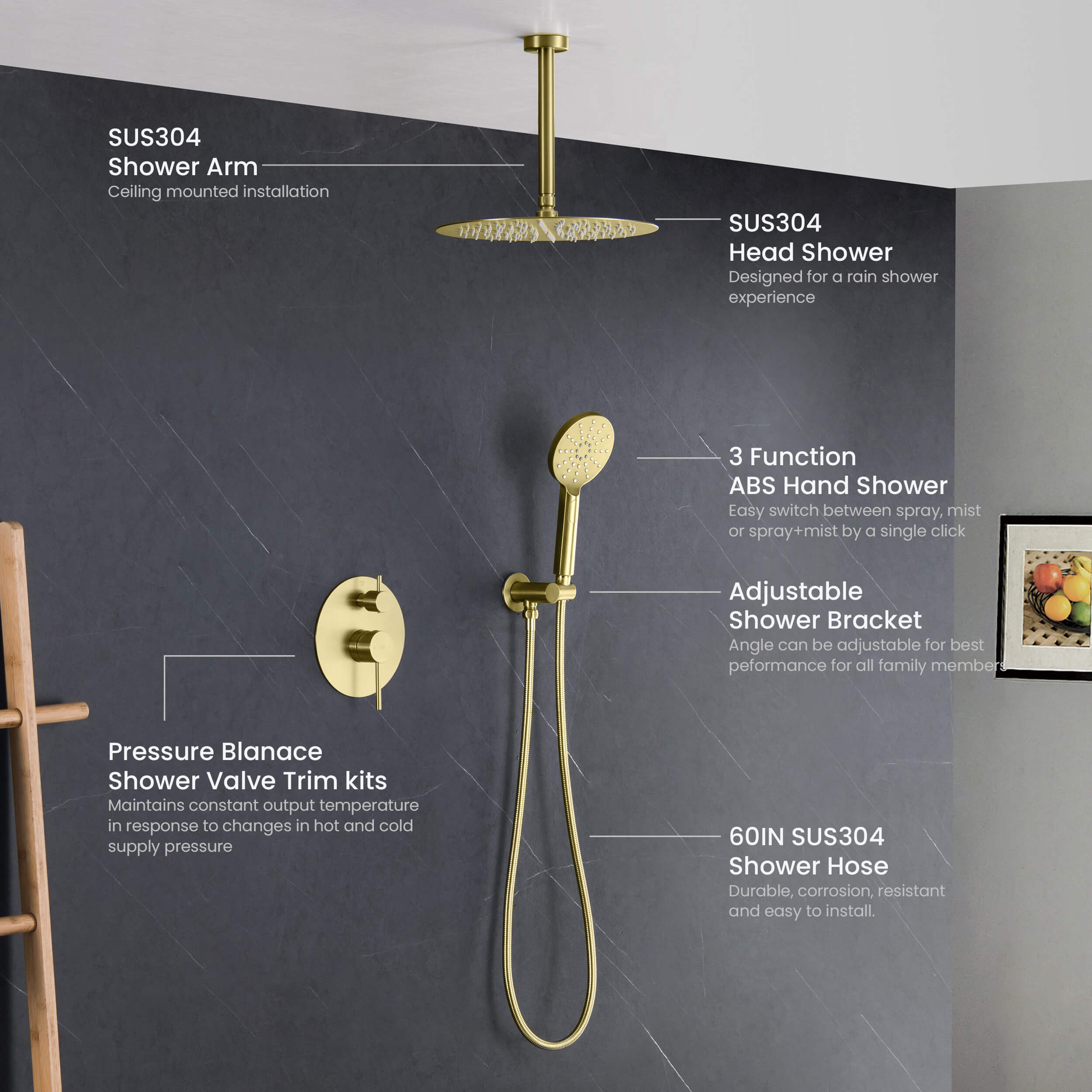 Circular Pressure Balanced Ceiling Mounted 2-Function Shower System with Rough In Valve - KSF408
