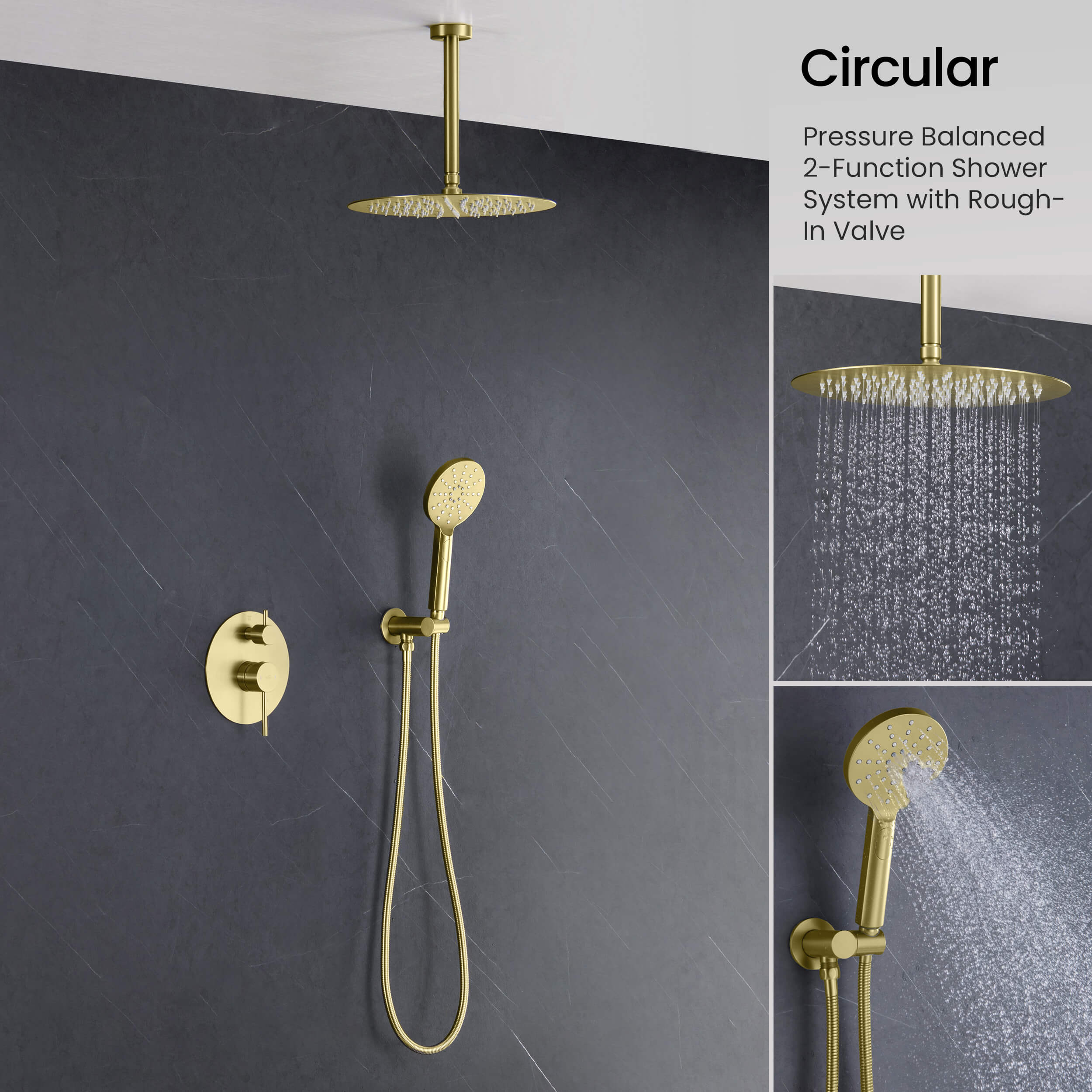 Circular Pressure Balanced Ceiling Mounted 2-Function Shower System with Rough In Valve - KSF408