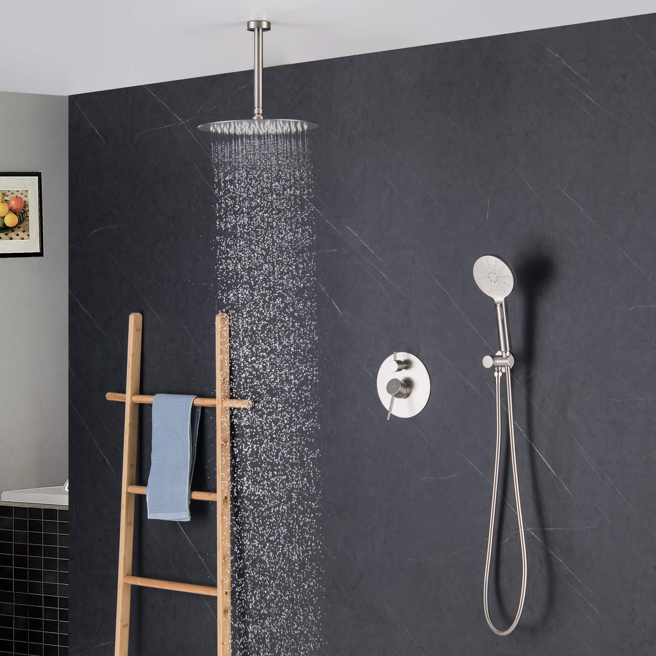 Circular Pressure Balanced Ceiling Mounted 2-Function Shower System with Rough In Valve - KSF408