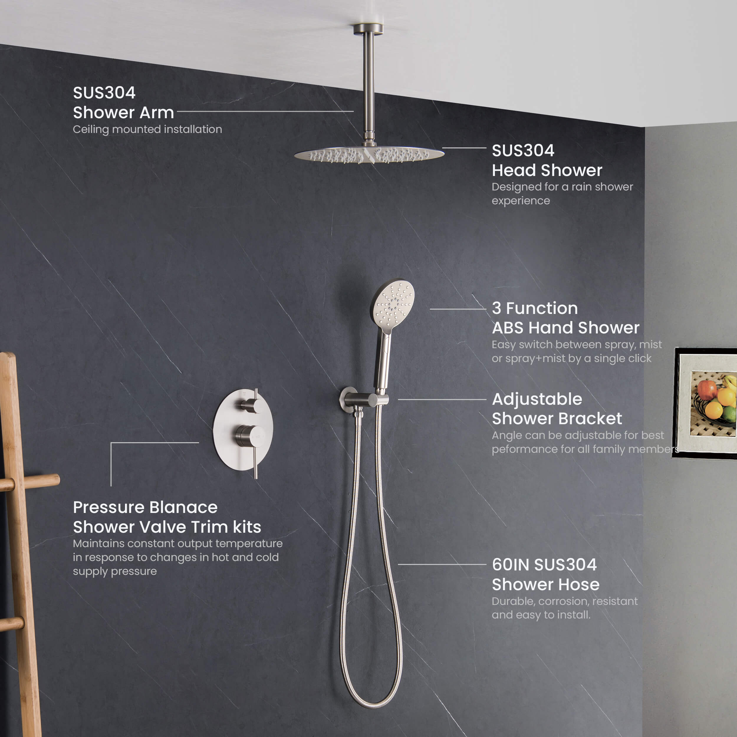 Circular Pressure Balanced Ceiling Mounted 2-Function Shower System with Rough In Valve - KSF408