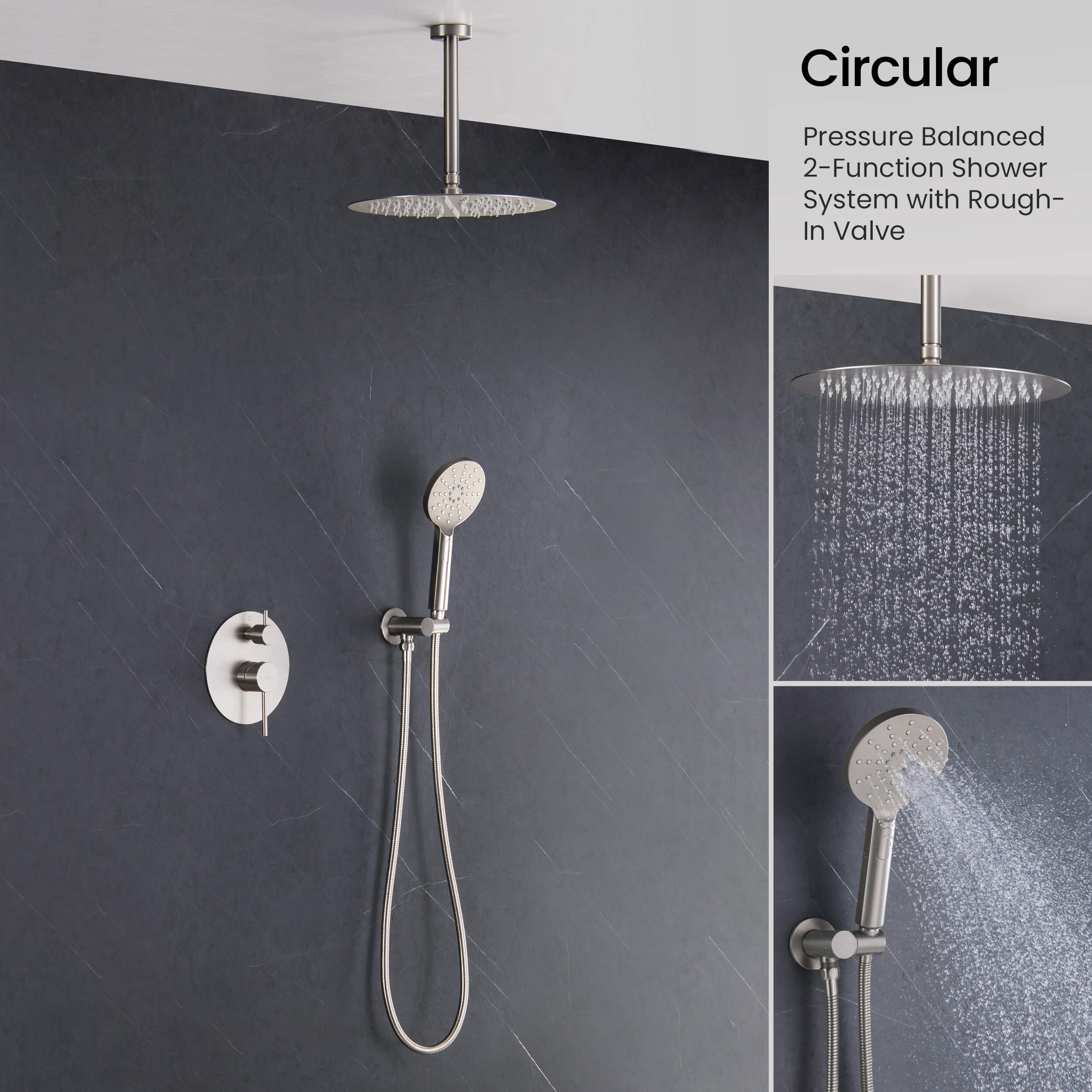Circular Pressure Balanced Ceiling Mounted 2-Function Shower System with Rough In Valve - KSF408