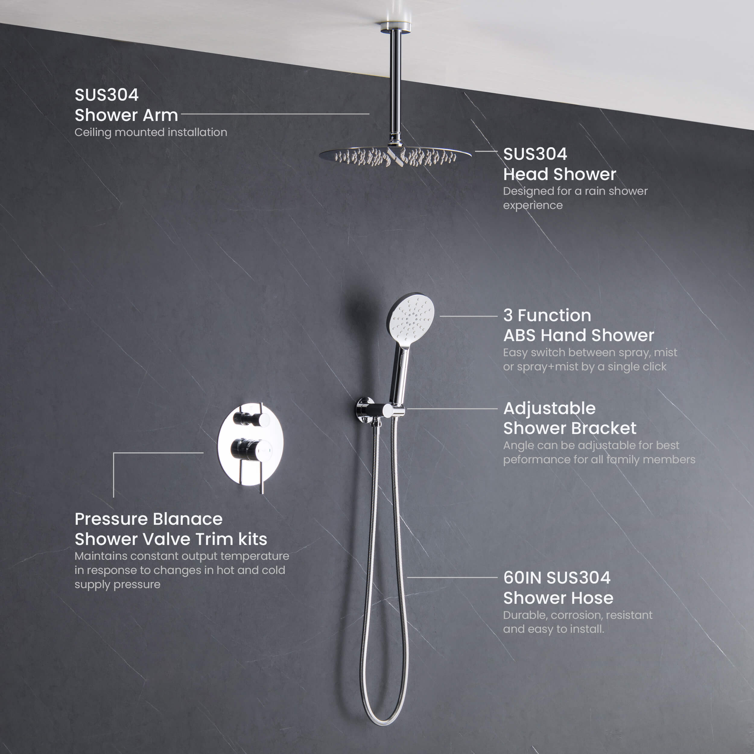 Circular Pressure Balanced Ceiling Mounted 2-Function Shower System with Rough In Valve - KSF408