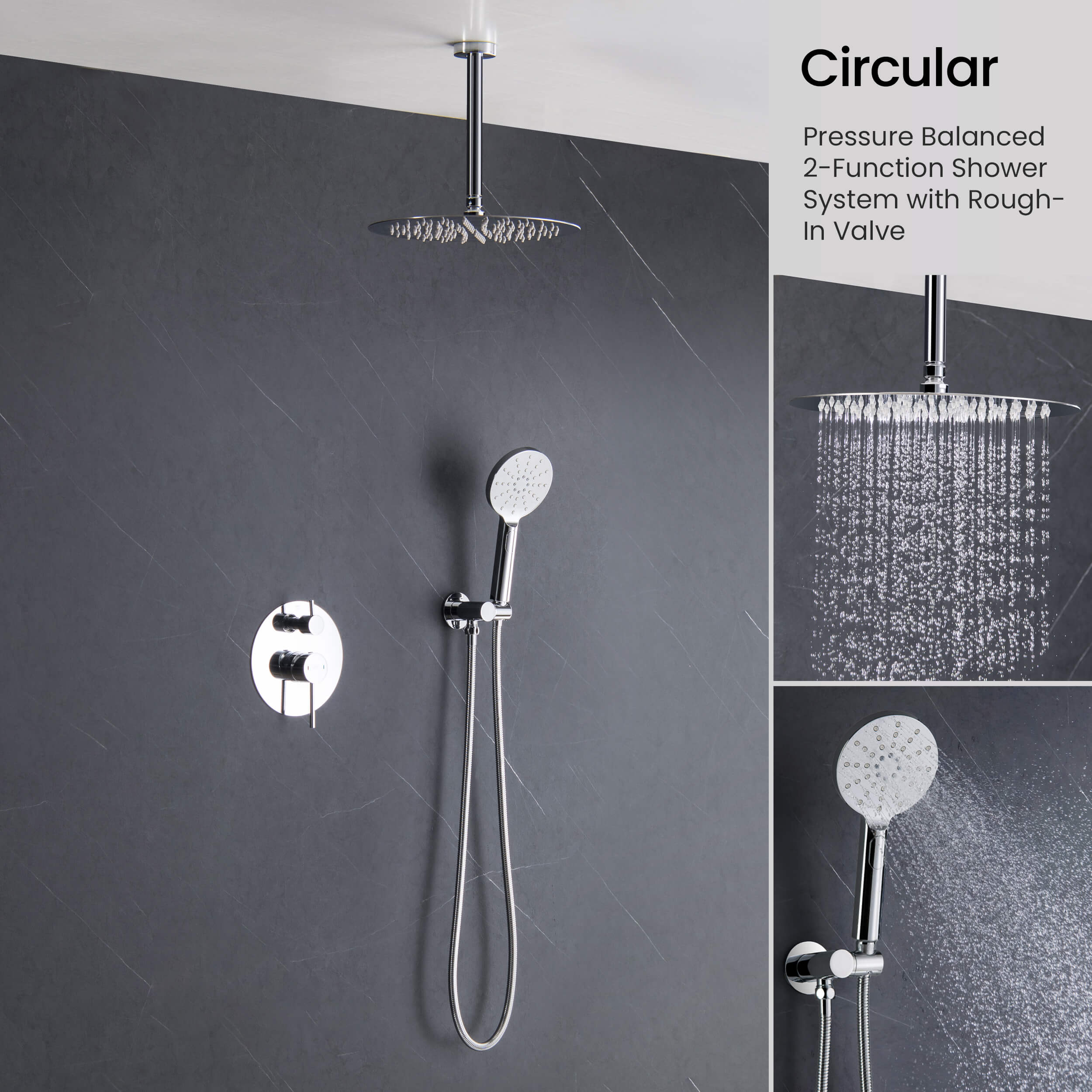 Circular Pressure Balanced Ceiling Mounted 2-Function Shower System with Rough In Valve - KSF408