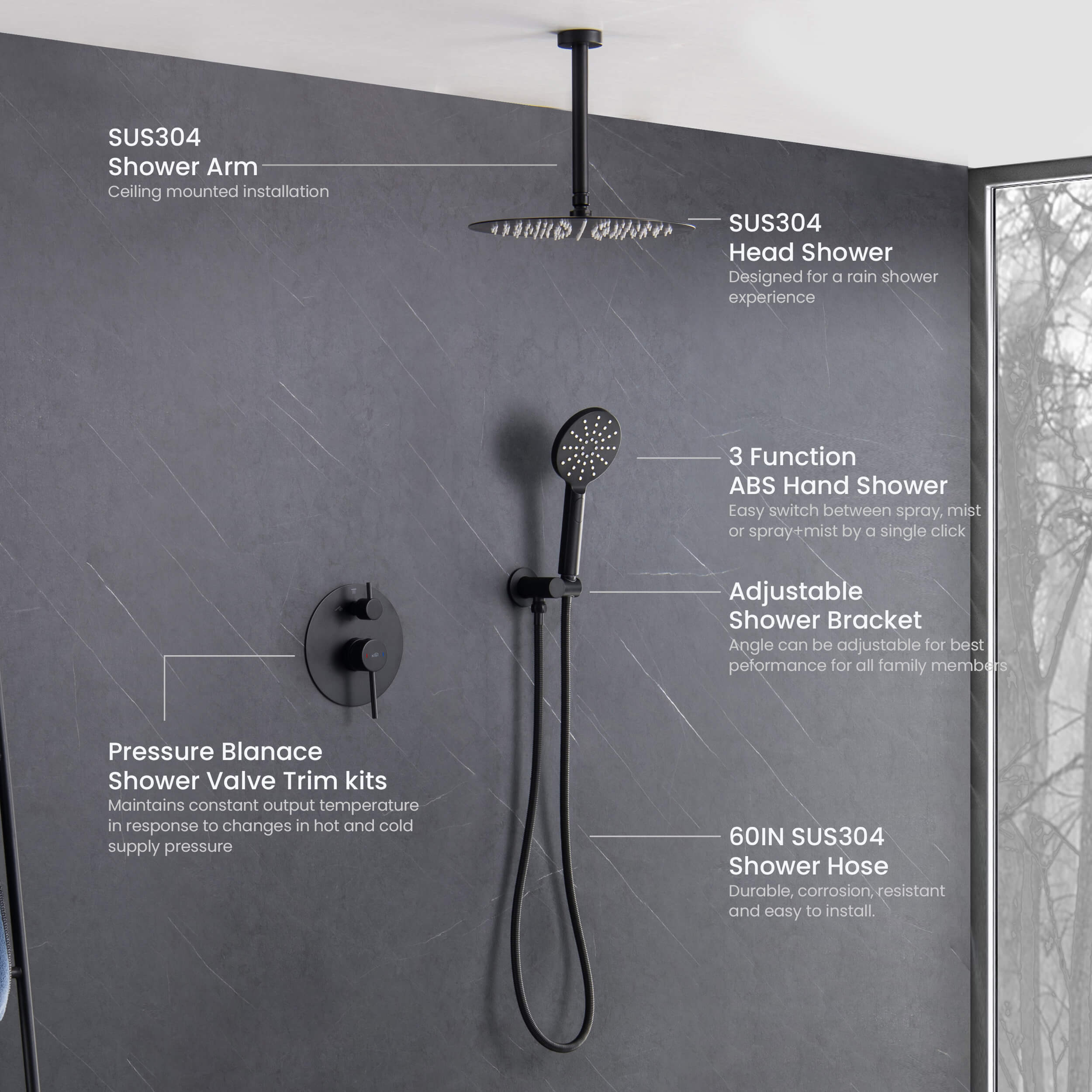 Circular Pressure Balanced Ceiling Mounted 2-Function Shower System with Rough In Valve - KSF408