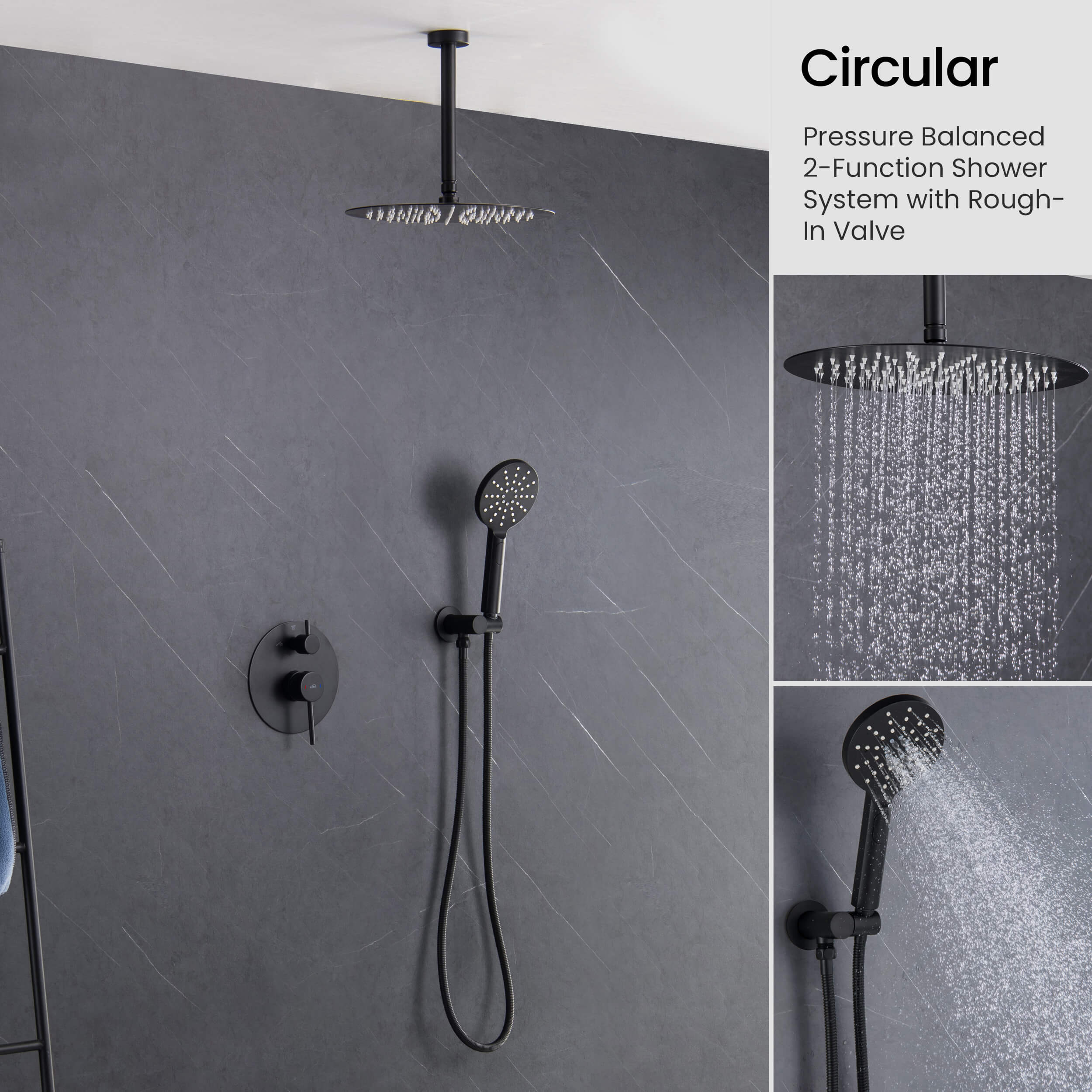 Circular Pressure Balanced Ceiling Mounted 2-Function Shower System with Rough In Valve - KSF408