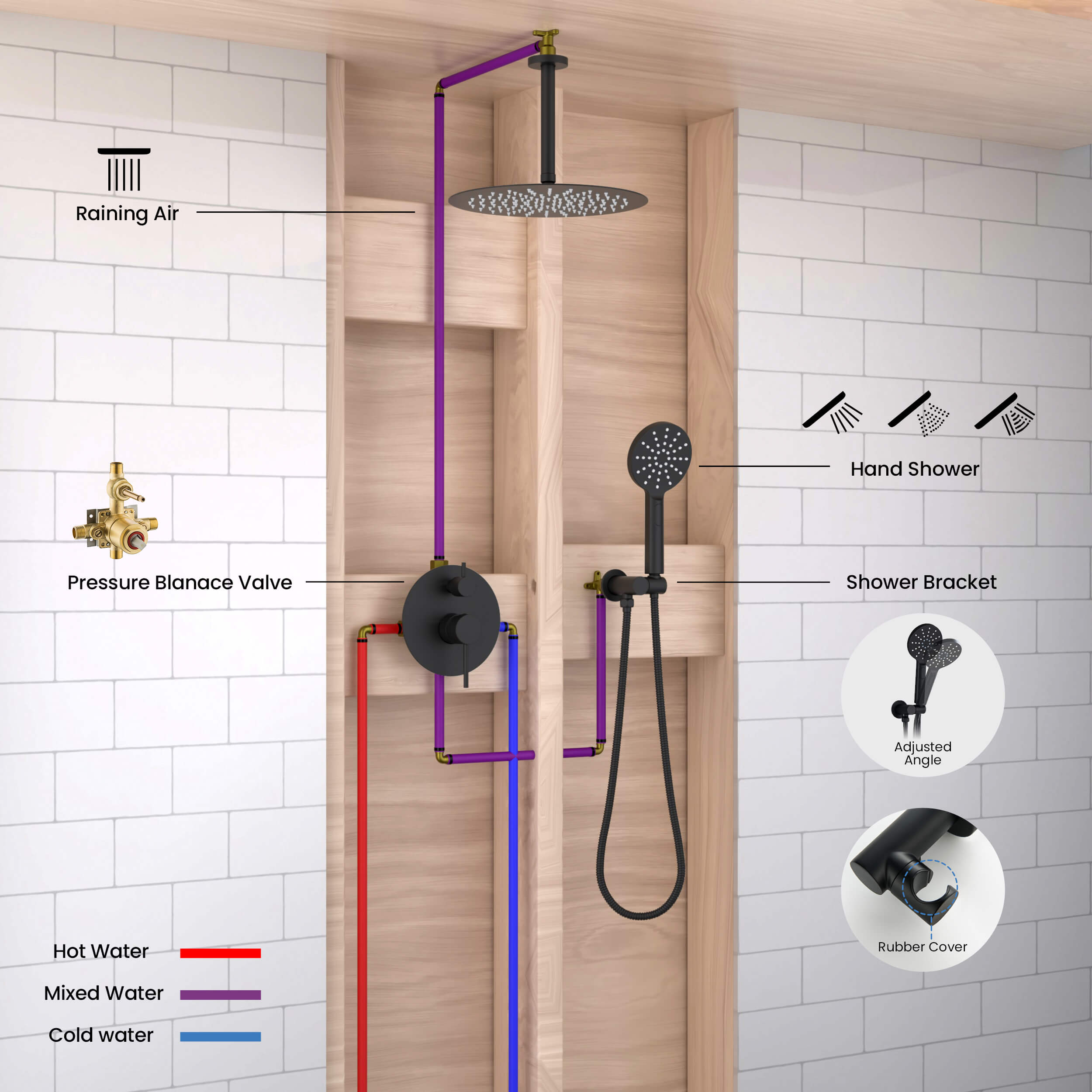 Circular Pressure Balanced Ceiling Mounted 2-Function Shower System with Rough In Valve - KSF408