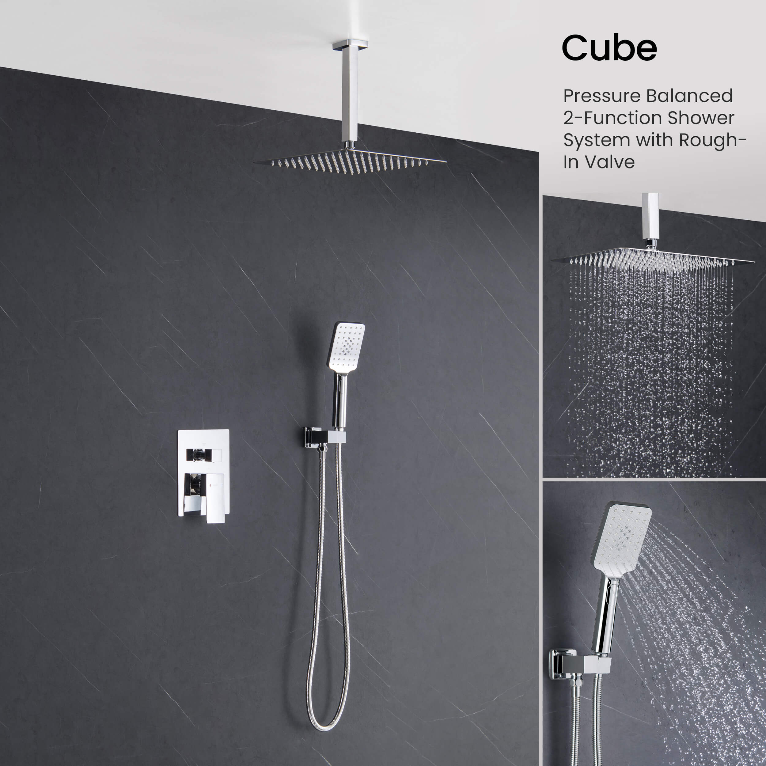 Cube Pressure Balanced Ceiling Mounted 2-Function Shower System with Rough In Valve - KSF412