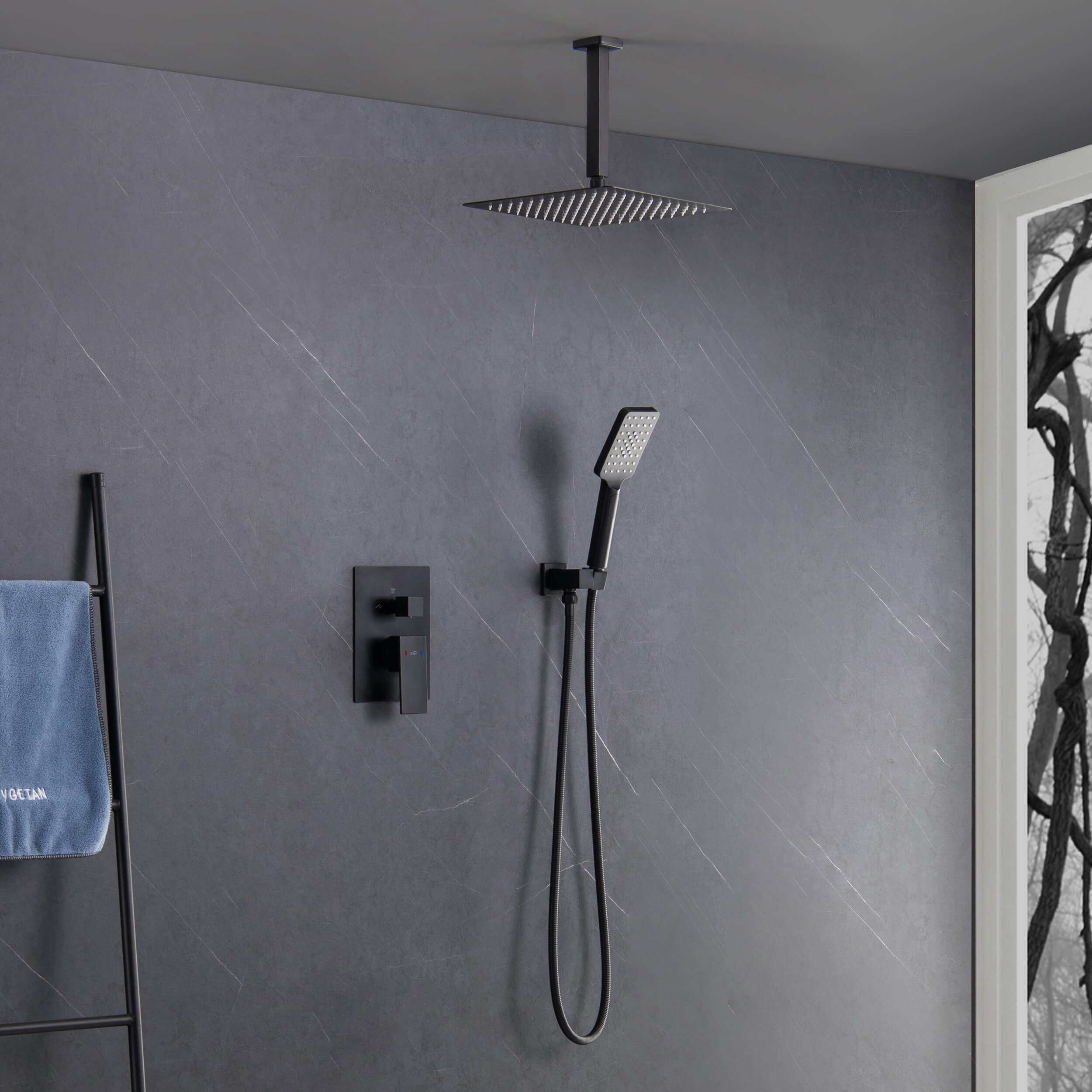 Cube Pressure Balanced Ceiling Mounted 2-Function Shower System with Rough In Valve - KSF412