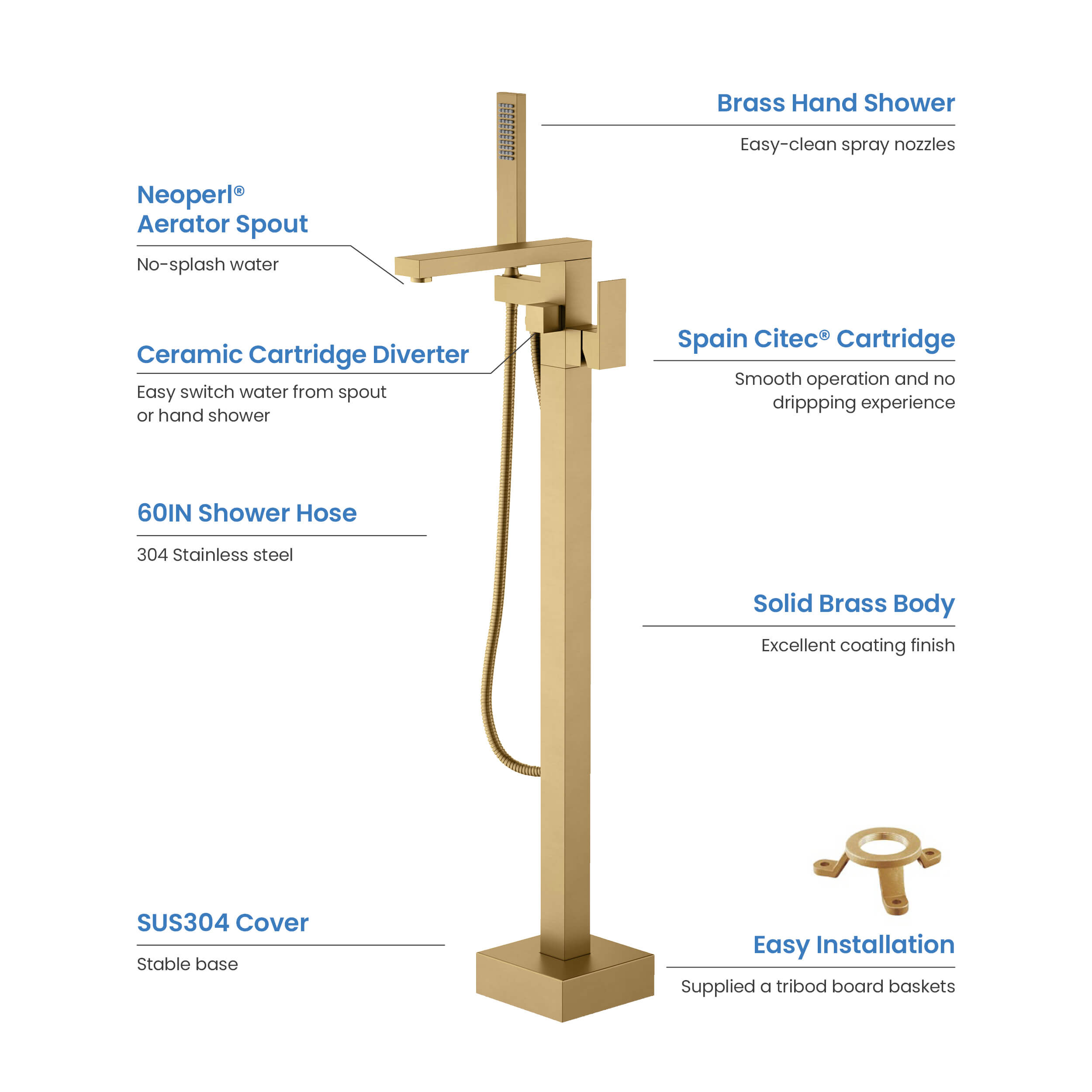 Cube Floor Mount Tub Filler With Hand Shower KTF302