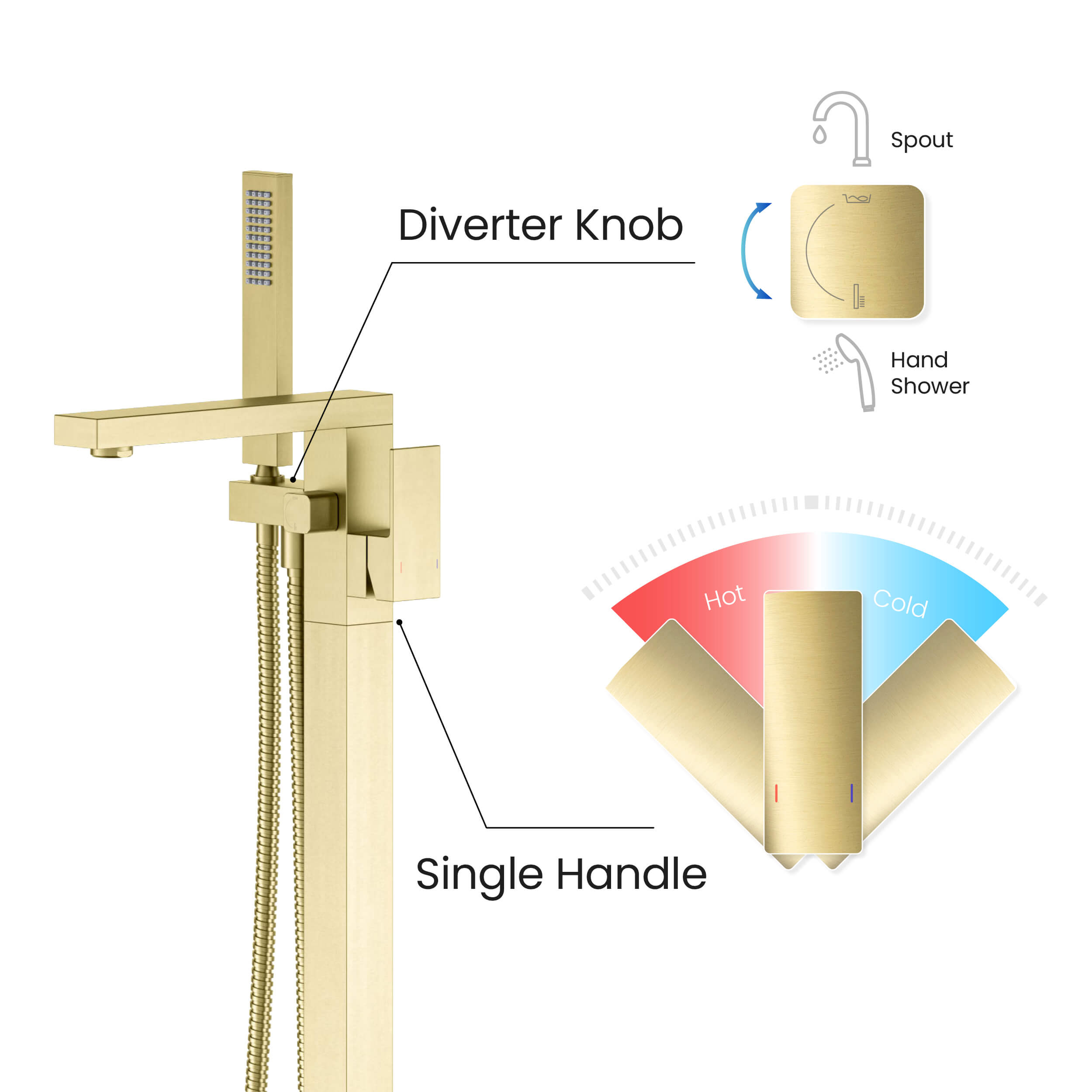 Cube Floor Mount Tub Filler With Hand Shower KTF302