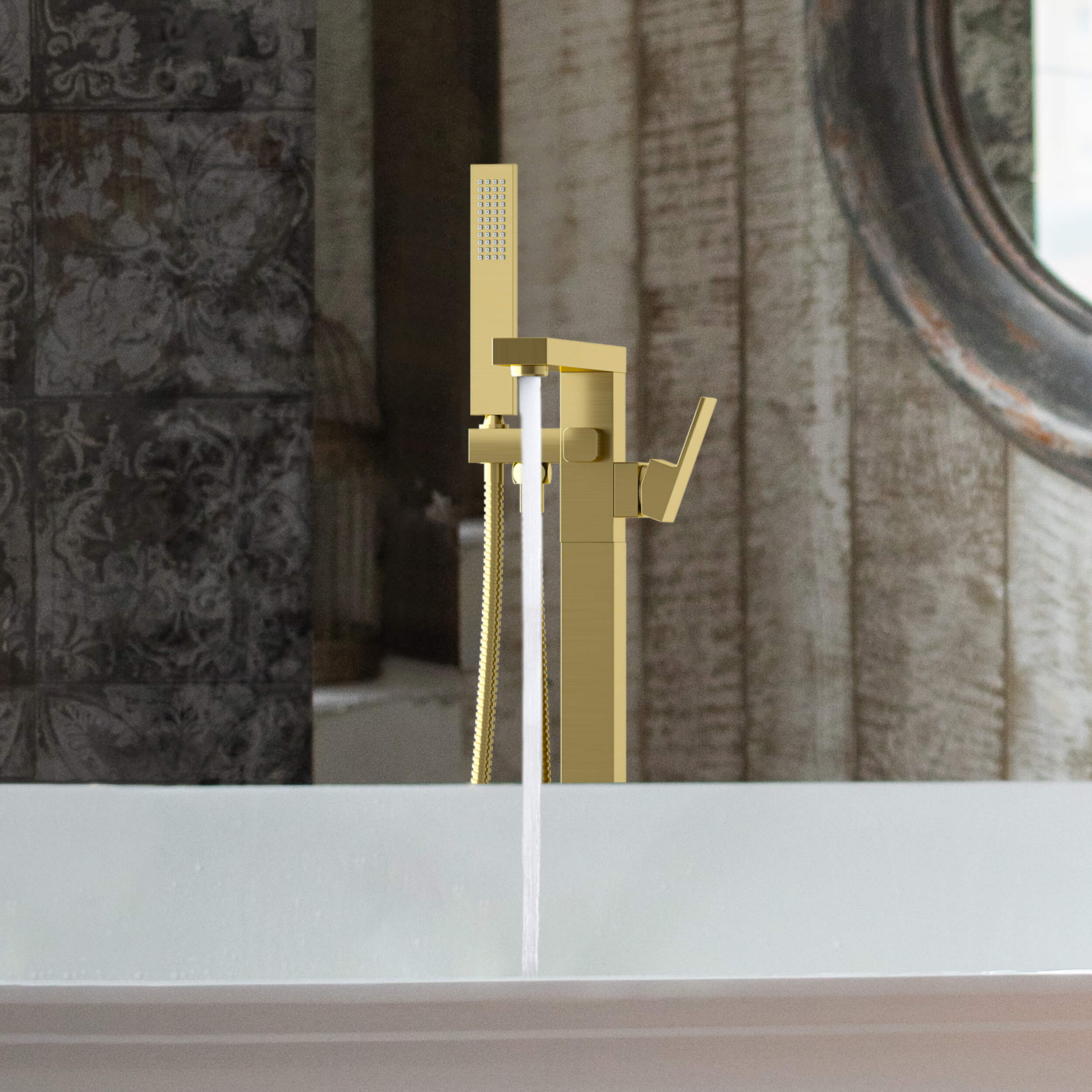 Cube Floor Mount Tub Filler With Hand Shower KTF302