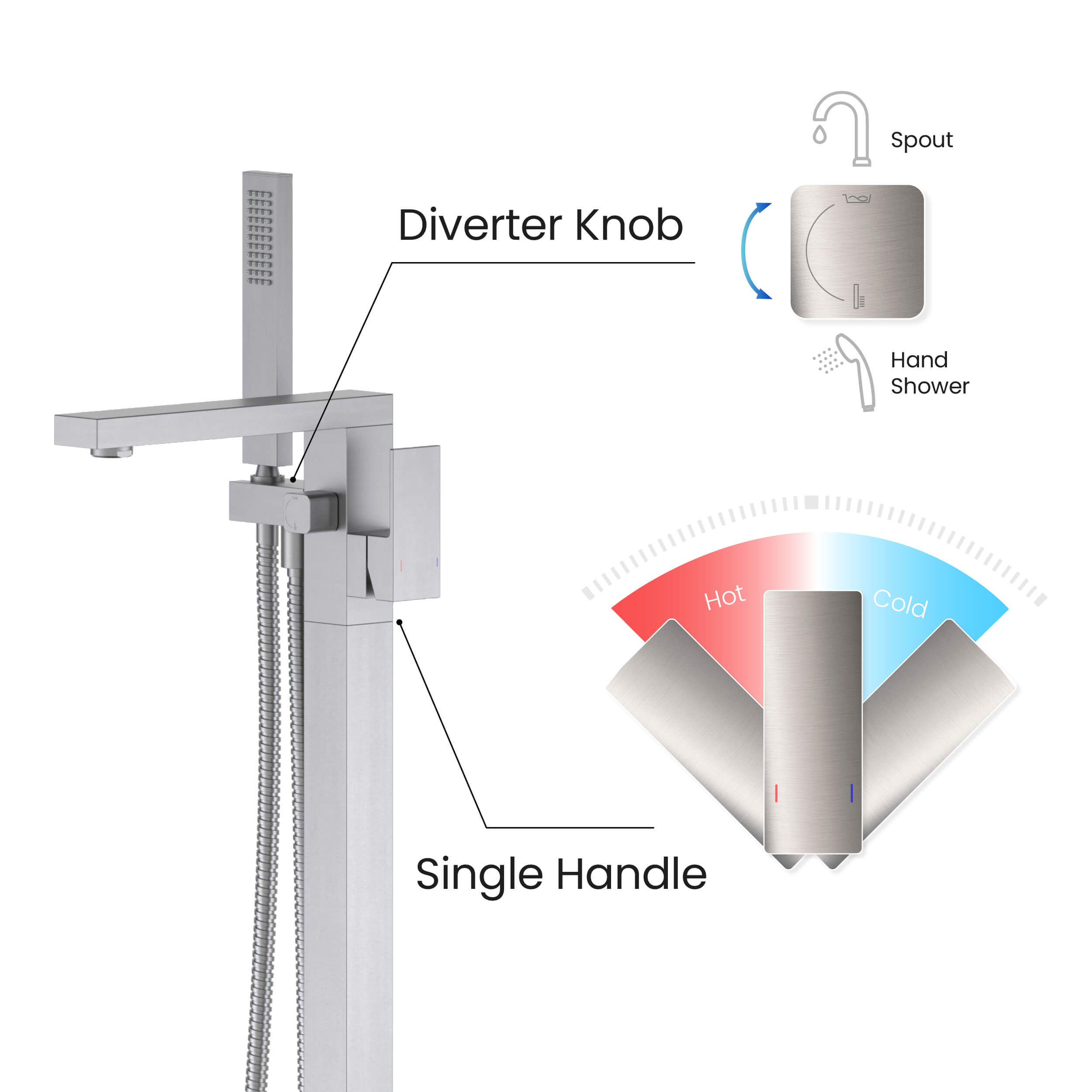 Cube Floor Mount Tub Filler With Hand Shower KTF302