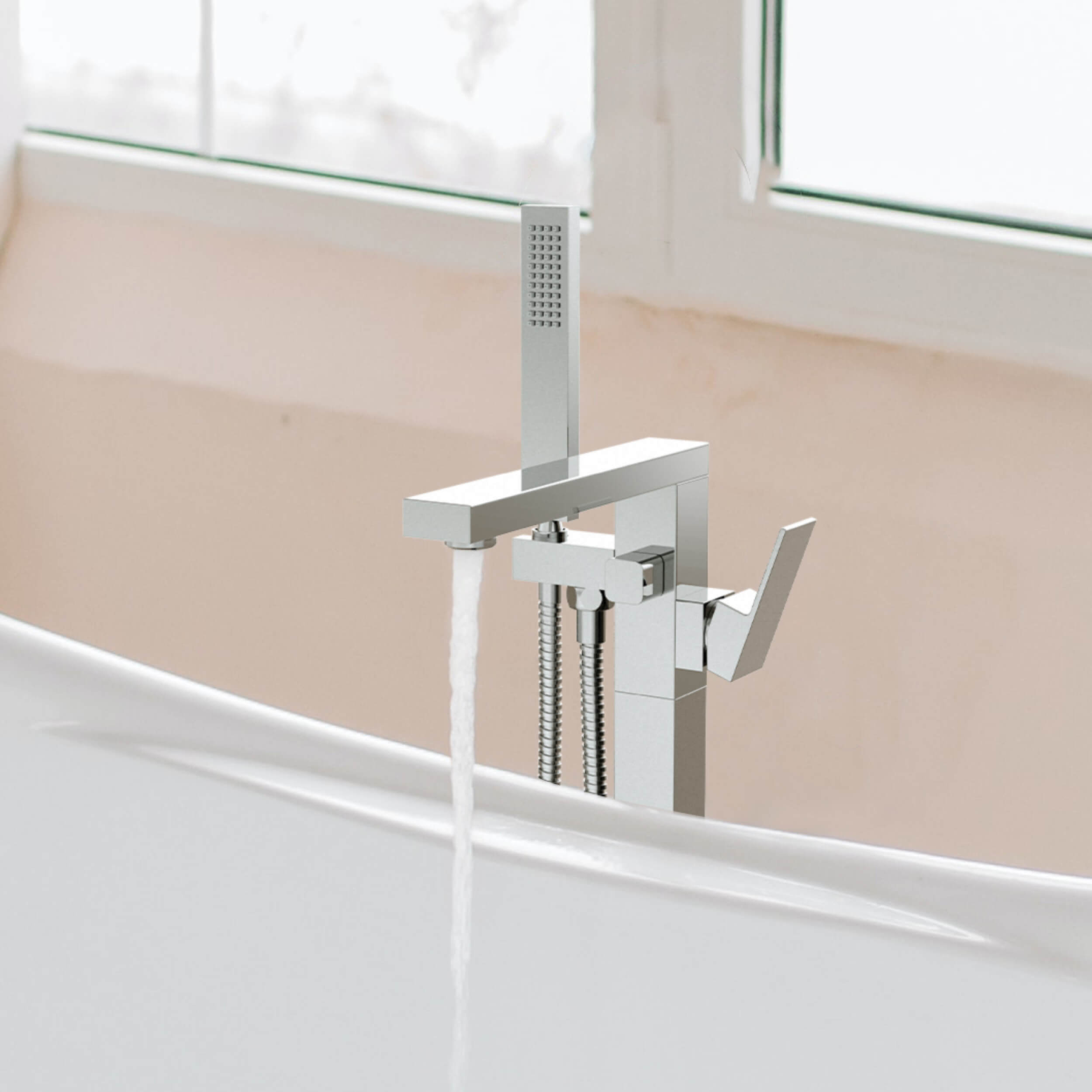 Cube Floor Mount Tub Filler With Hand Shower KTF302