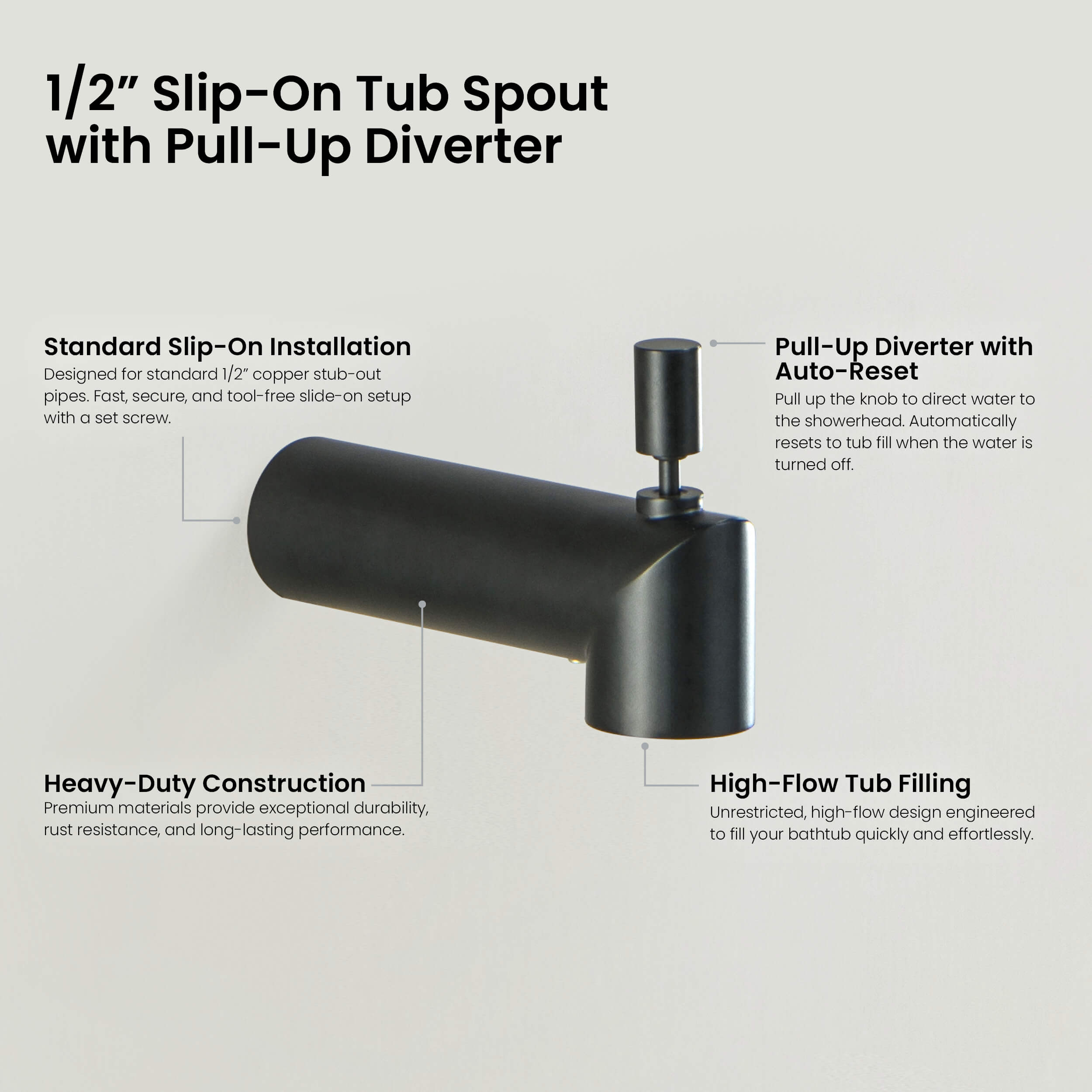 Circular Wall Mounted 1/2" Slip-On Tub Spout with Diverter - TS102