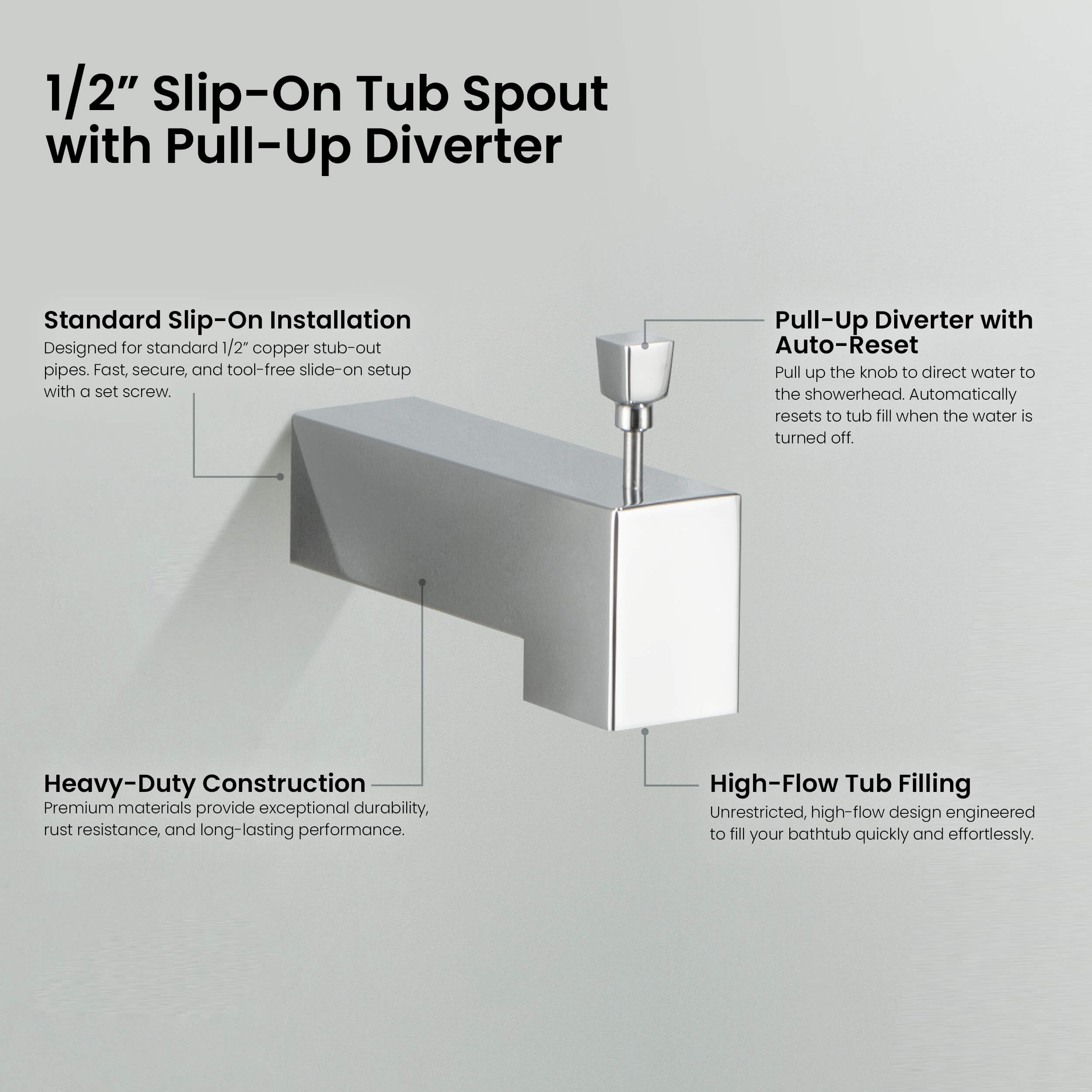 Cube Wall Mounted 1/2" Slip-On Tub Spout with Diverter - TS103